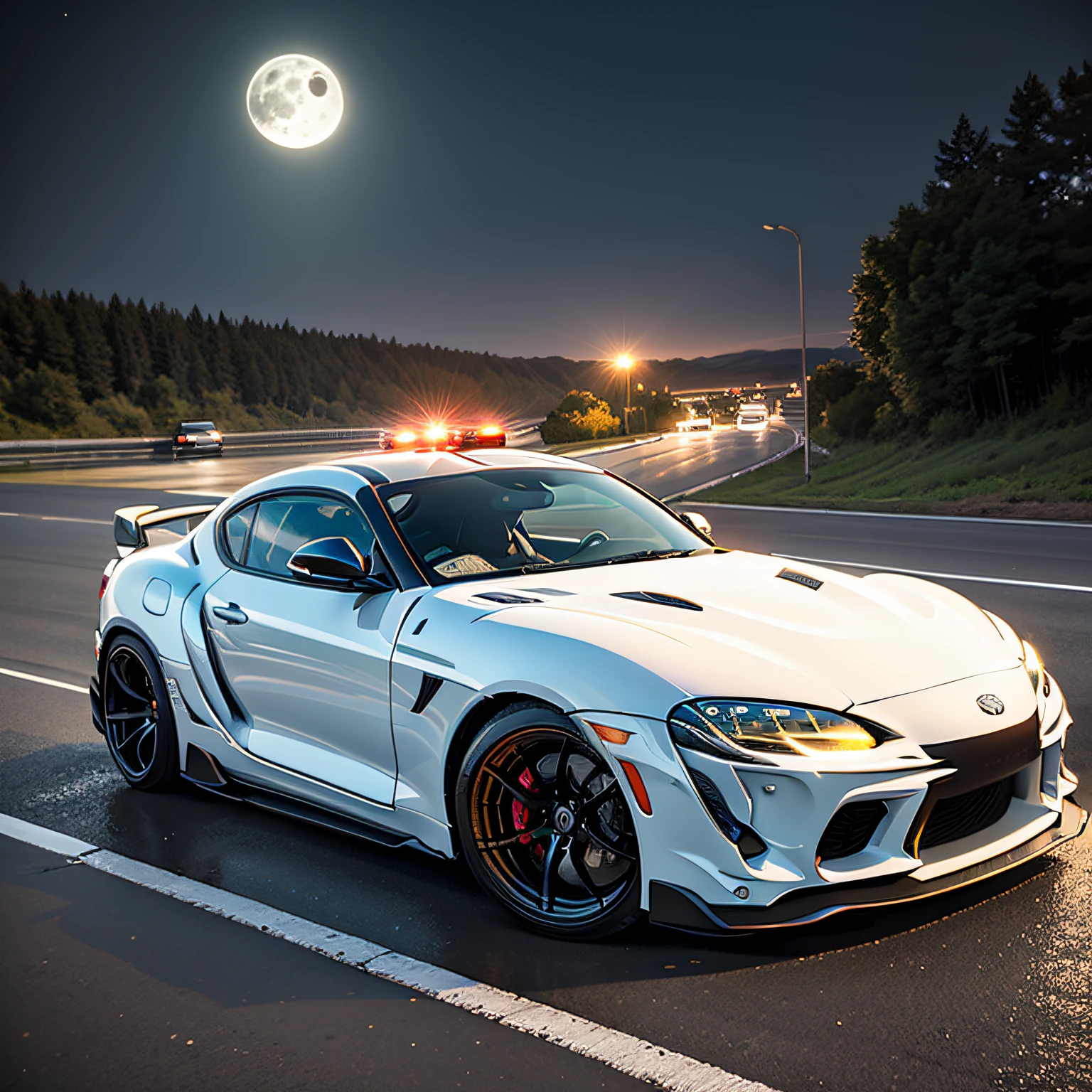 toyota supra(sport car), ruuning on highway road, at mid night, full moon, chasing by police cars but not caught, supra car(white color, yellow wheel cover, light bars on doors, --auto