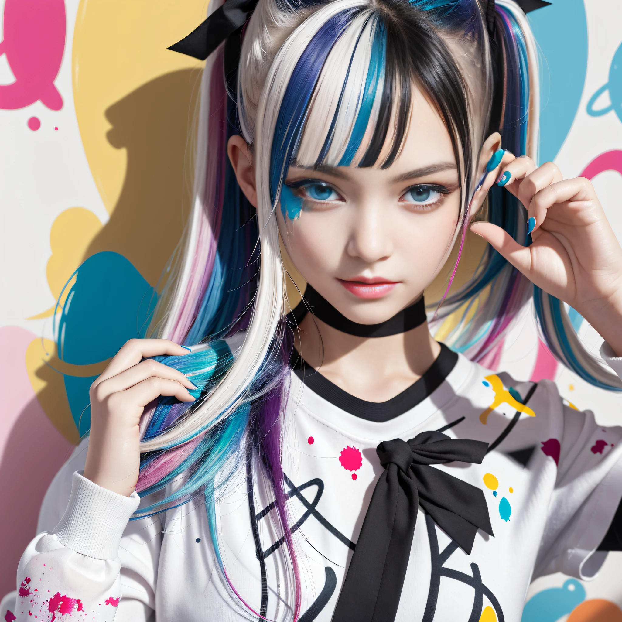 schoolgirl, beautiful detailed eyes, colorful, vivid colors, ((7girls: 1.5)), absurdity, top quality, striped hair, schoolgirl, latest fashion, (graffiti: 1.25), paint splatter, iridescent hair, paint on body