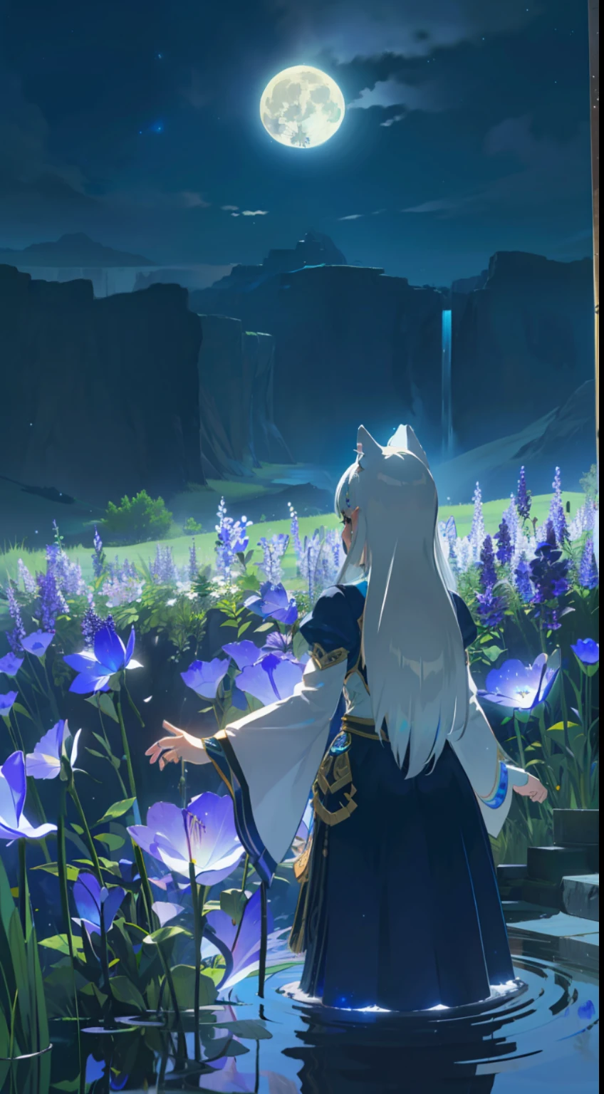 Extensive landscape photo , (above and below looking down), girl standing in flower field looking up, (full moon:1.2), ( shooting stars:0.9), (nebula:1.3), starry sky, white flower field, flower field shining, fantastic flower field, tree , (warm light source:1.2), (firefly:1. 2), lamp, orange and blue mostly fine details, voluminous lighting BREAK (Masterpiece:1.2), (top quality), 4k, super detailed, (dynamic composition:1.4), very fine details, colorful details, ( iridescent:1.2), (glowing lighting, atmospheric lighting), dreamy, fantastic, (solo:1.2), sparkling, glow, petals dancing, white hair, beautiful hair, long hair, cat ears, back view, water effects, soap bubbles, posed, hands are hidden in sleeves, Large lacy sleeves