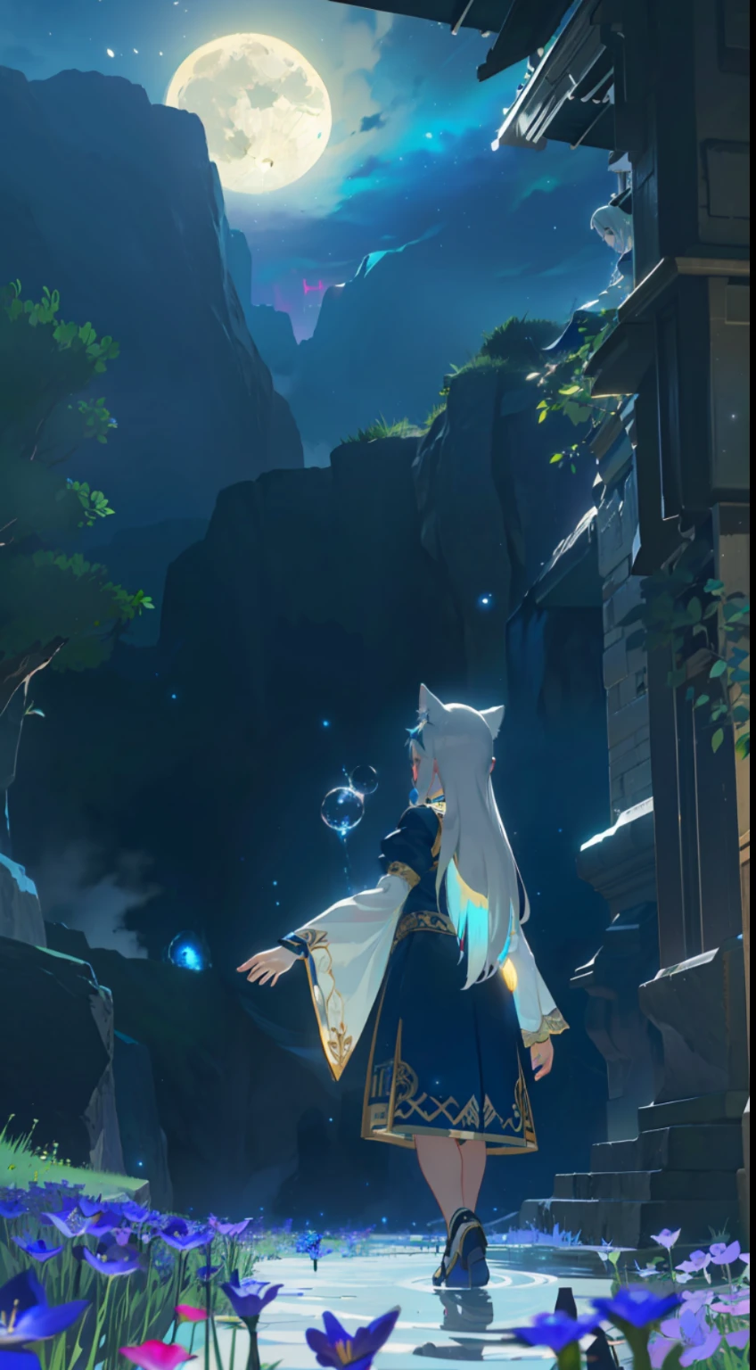Extensive landscape photo , (above and below looking down), girl standing in flower field looking up, (full moon:1.2), ( shooting stars:0.9), (nebula:1.3), starry sky, white flower field, flower field shining, fantastic flower field, tree , (warm light source:1.2), (firefly:1. 2), lamp, orange and blue mostly fine details, voluminous lighting BREAK (Masterpiece:1.2), (top quality), 4k, super detailed, (dynamic composition:1.4), very fine details, colorful details, ( iridescent:1.2), (glowing lighting, atmospheric lighting), dreamy, fantastic, (solo:1.2), sparkling, glow, petals dancing, white hair, beautiful hair, long hair, cat ears, back view, water effects, soap bubbles, posed, hands are hidden in sleeves, Large lacy sleeves