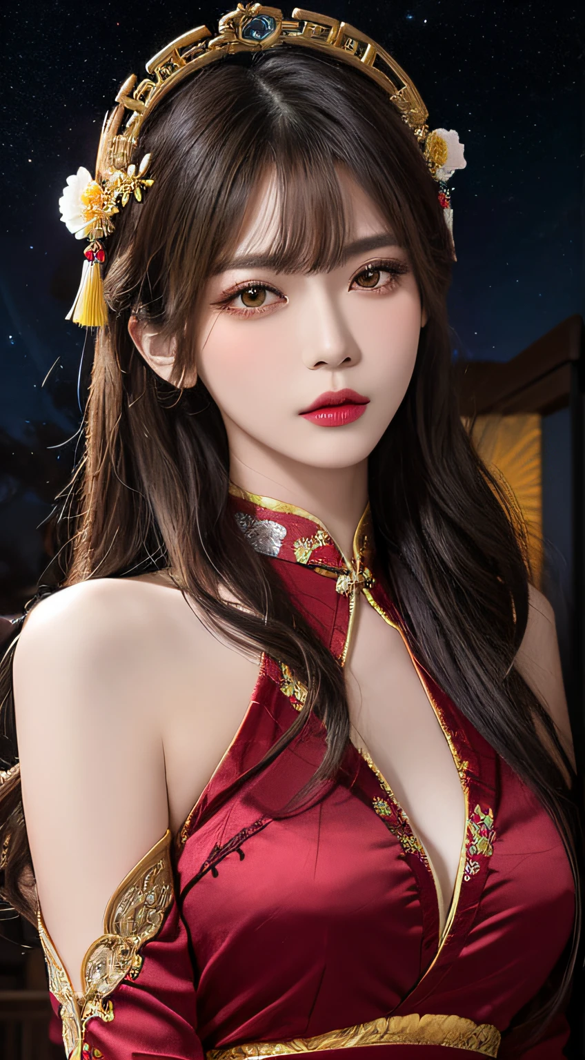 Woman wearing red and gold dress, flower background, palace, hanfu girl, wearing red cheongsam, chinese style, with ancient chinese costume, wearing ancient chinese costume, traditional beauty, Chinese Traditional, chinese girl, cheongsam, chinese costume, chinese princess, hanfu, chinese traditional clothing, chinese costume, 1 27-year-old girl, 1 zodiac goddess from the future, goddess of the pink and purple 12 zodiacs, the goddess of the zodiac in a yellow ao dai, a 12 zodiac ao dai with many black lace detail, mythology Goddess of the 12 zodiacs from the future, zodiac ♏, luxurious glittering zodiac style, dark and mysterious version, zodiac crown, lipstick lips red, thin and beautiful lips, mouth closed, characters made by karol bak and pino daeni, intricate detail, detailed background, extremely detailed, light magic, a woman, clear face, hair long with bangs, beautiful face in detail and well-proportioned eyes, (transparent yellow eyes: 1.8), big round eyes and very beautiful and detailed makeup, foresight, silk dress, mysterious makeup , double bangs and dyed light blonde , upper half portrait, zodiac goddess portrait, arms hanging loosely, Realistic and vivid photo, (stars make up the zodiac: 1.7), (sky background zodiac and fictitious space and time portal: 1.8), fiction art, RAW photo, hanfu picture, best photo, best photo quality, 8k quality, 8k ultra, super realistic, real photo most economical, the goddess poses sexy and seductive,
