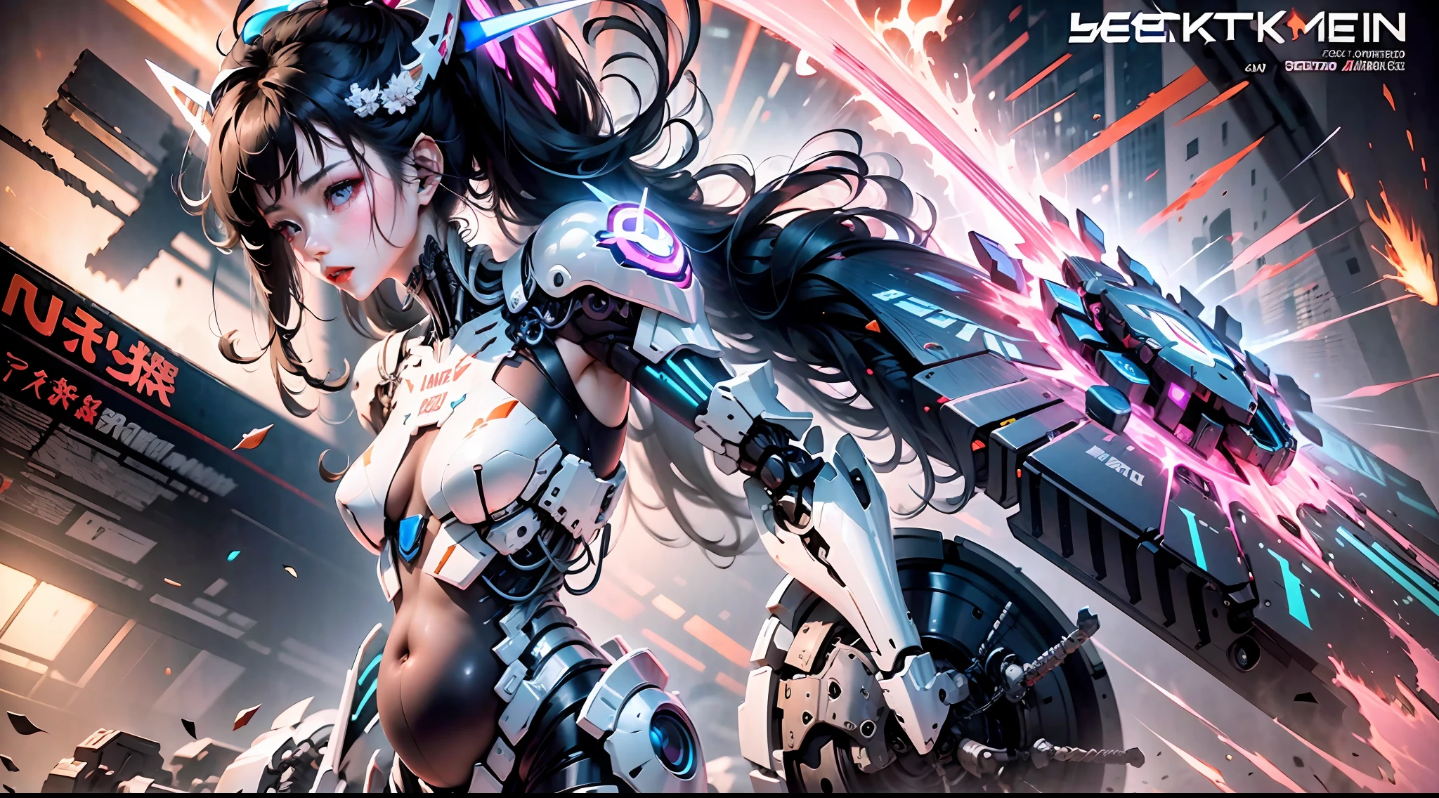 (Very detailed: 1.5) Futuristic mech girl on neon flashing sci-fi magazine cover, (Cyberpunk: 1.3) style, dressed in stylish combat suit with glowing accents, confidently posing as a giant robot in the background, (bold typography: 1.2), dynamic composition, bright colors, (Akira style: 1.1), (Hajime Sorayama inspiration: 1.2) pregnant, pregnant belly