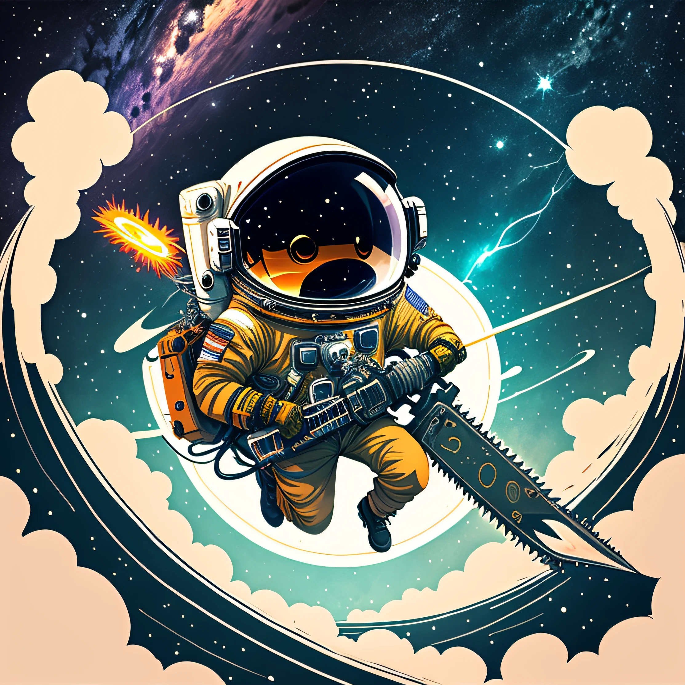 Anime-like cartoon of an astronaut holding an electric chainsaw in space --auto