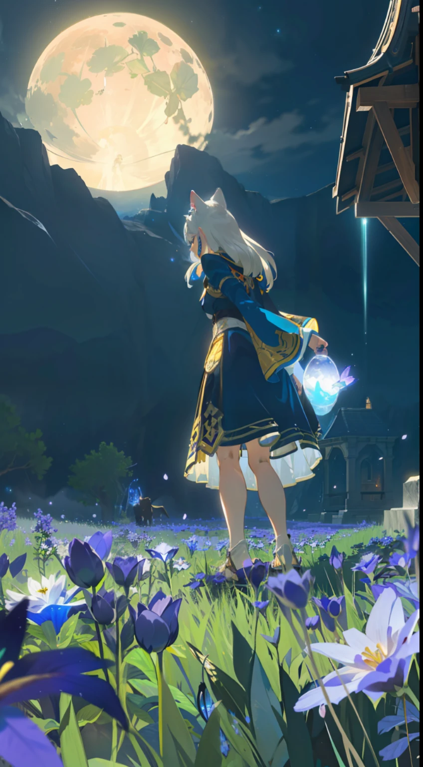Extensive landscape photo , (above and below looking down), girl standing in flower field looking up, (full moon:1.2), ( shooting stars:0.9), (nebula:1.3), starry sky, white flower field, flower field shining, fantastic flower field, tree , (warm light source:1.2), (firefly:1. 2), lamp, orange and blue mostly fine details, voluminous lighting BREAK (Masterpiece:1.2), (top quality), 4k, super detailed, (dynamic composition:1.4), very fine details, colorful details, ( iridescent:1.2), (glowing lighting, atmospheric lighting), dreamy, fantastic, (solo:1.2), sparkling, glow, petals dancing, white hair, beautiful hair, long hair, cat ears, back view, water effects, soap bubbles, posed, hands are hidden in sleeves, Large lacy sleeves