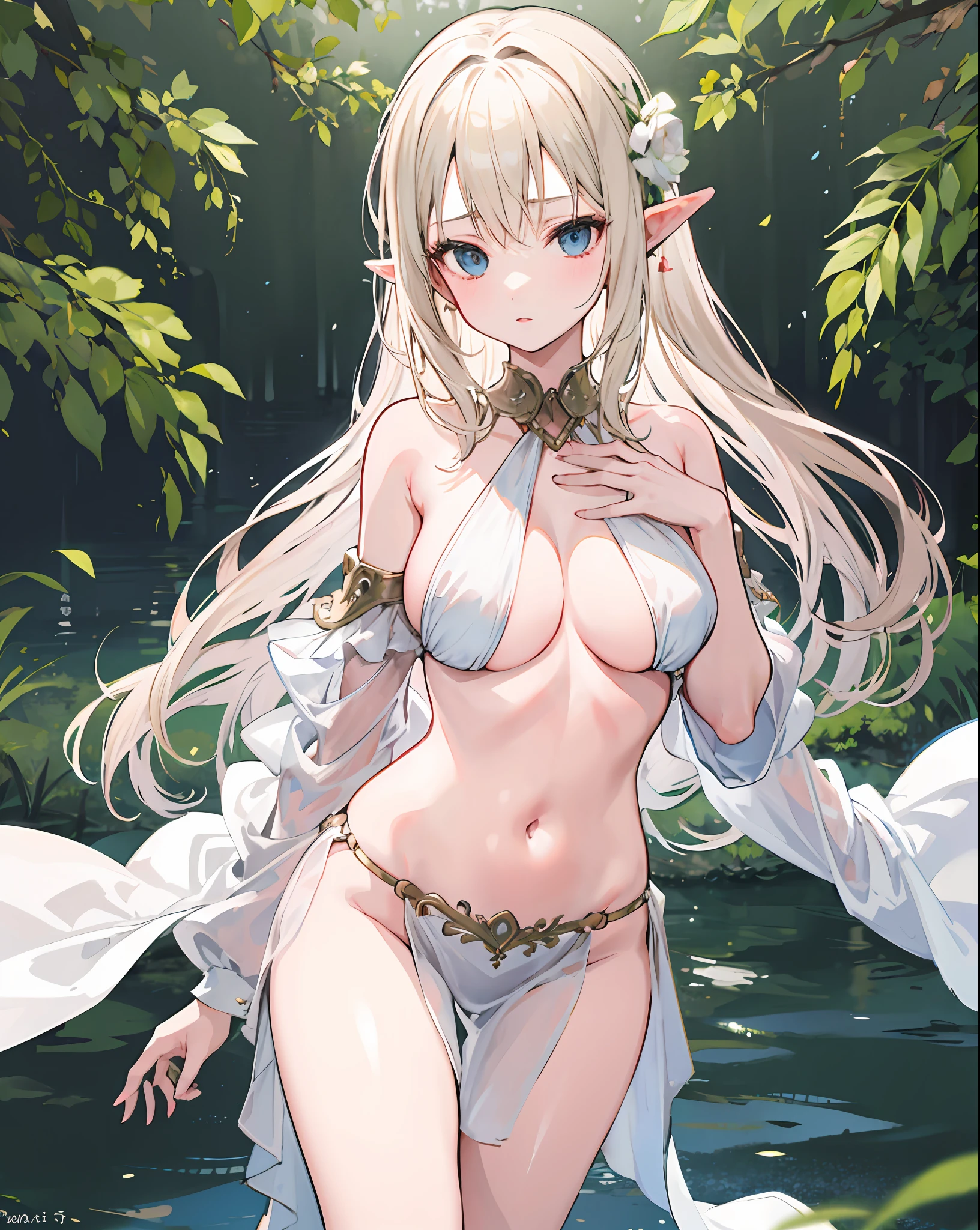 1girl, dancer, large breasts, elf,blonde_hair, navel,  forest, lake,((hand on own chest)),