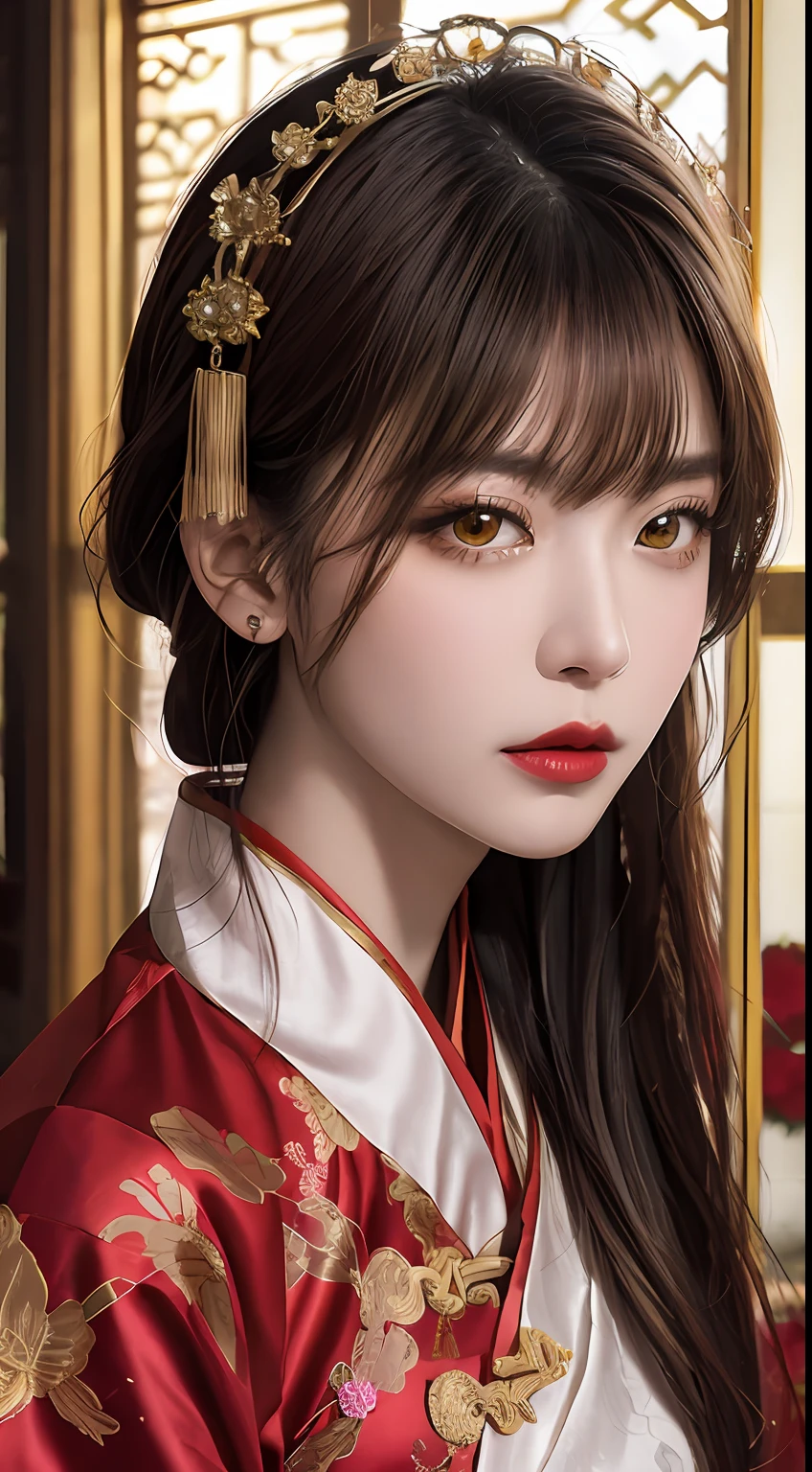 Woman wearing red and gold dress, flower background, palace, hanfu girl, wearing red cheongsam, chinese style, with ancient chinese costume, wearing ancient chinese costume, traditional beauty, Chinese Traditional, chinese girl, cheongsam, chinese costume, chinese princess, hanfu, chinese traditional clothing, chinese costume, 1 27-year-old girl, 1 zodiac goddess from the future, goddess of the pink and purple 12 zodiacs, the goddess of the zodiac in a yellow ao dai, a 12 zodiac ao dai with many black lace detail, mythology Goddess of the 12 zodiacs from the future, zodiac ♏, luxurious glittering zodiac style, dark and mysterious version, zodiac crown, lipstick lips red, thin and beautiful lips, mouth closed, characters made by karol bak and pino daeni, intricate detail, detailed background, extremely detailed, light magic, a woman, clear face, hair long with bangs, beautiful face in detail and well-proportioned eyes, (transparent yellow eyes: 1.8), big round eyes and very beautiful and detailed makeup, foresight, silk dress, mysterious makeup , double bangs and dyed light blonde , upper half portrait, zodiac goddess portrait, arms hanging loosely, Realistic and vivid photo, (stars make up the zodiac: 1.7), (sky background zodiac and fictitious space and time portal: 1.8), fiction art, RAW photo, hanfu picture, best photo, best photo quality, 8k quality, 8k ultra, super realistic, real photo most economical, the goddess poses sexy and seductive,