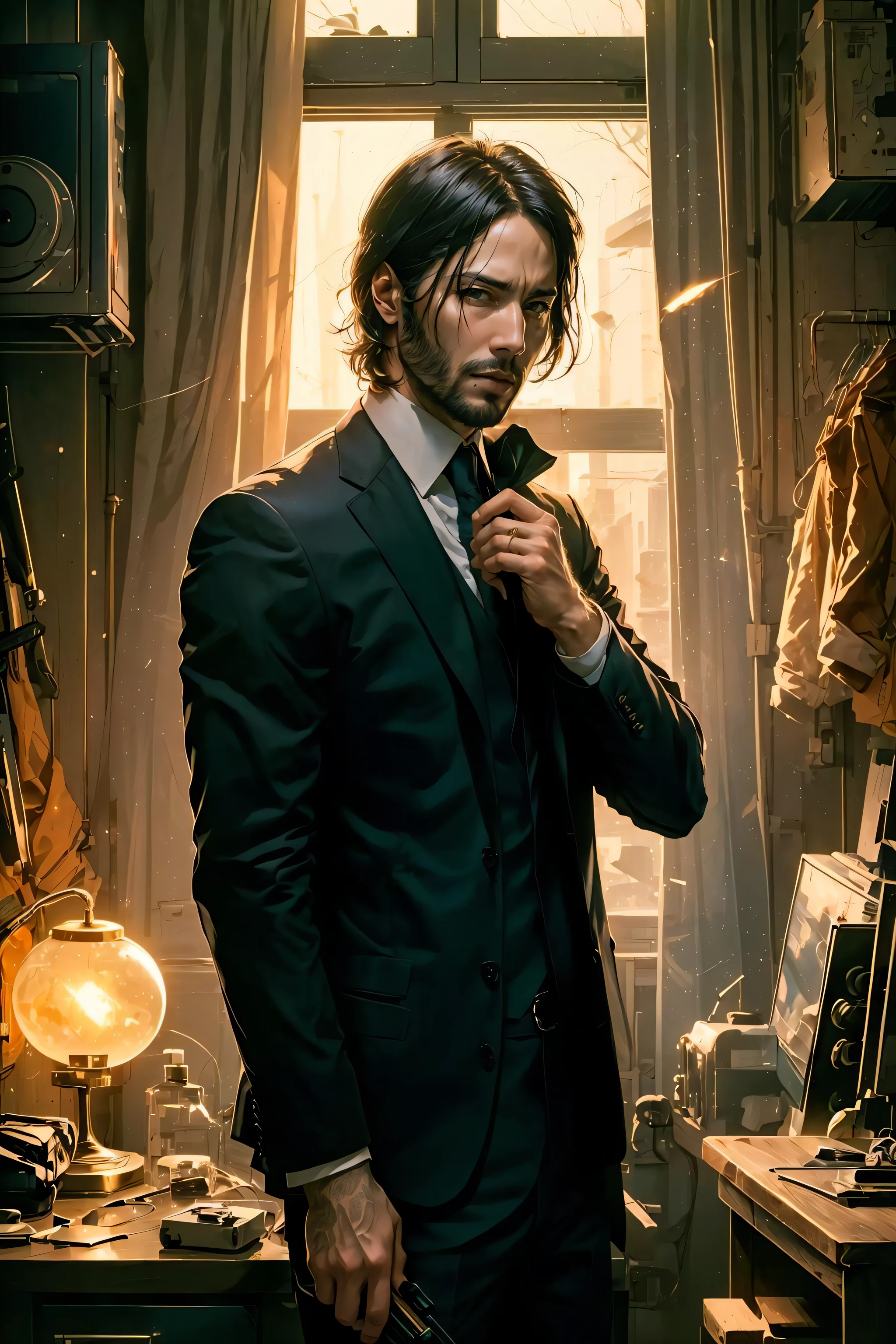 (masterpiece, top quality, best quality, official art, beautiful and aesthetic:1.2), 1boy, John wick, upper body, full black suit, room full on weapons, orange back light,