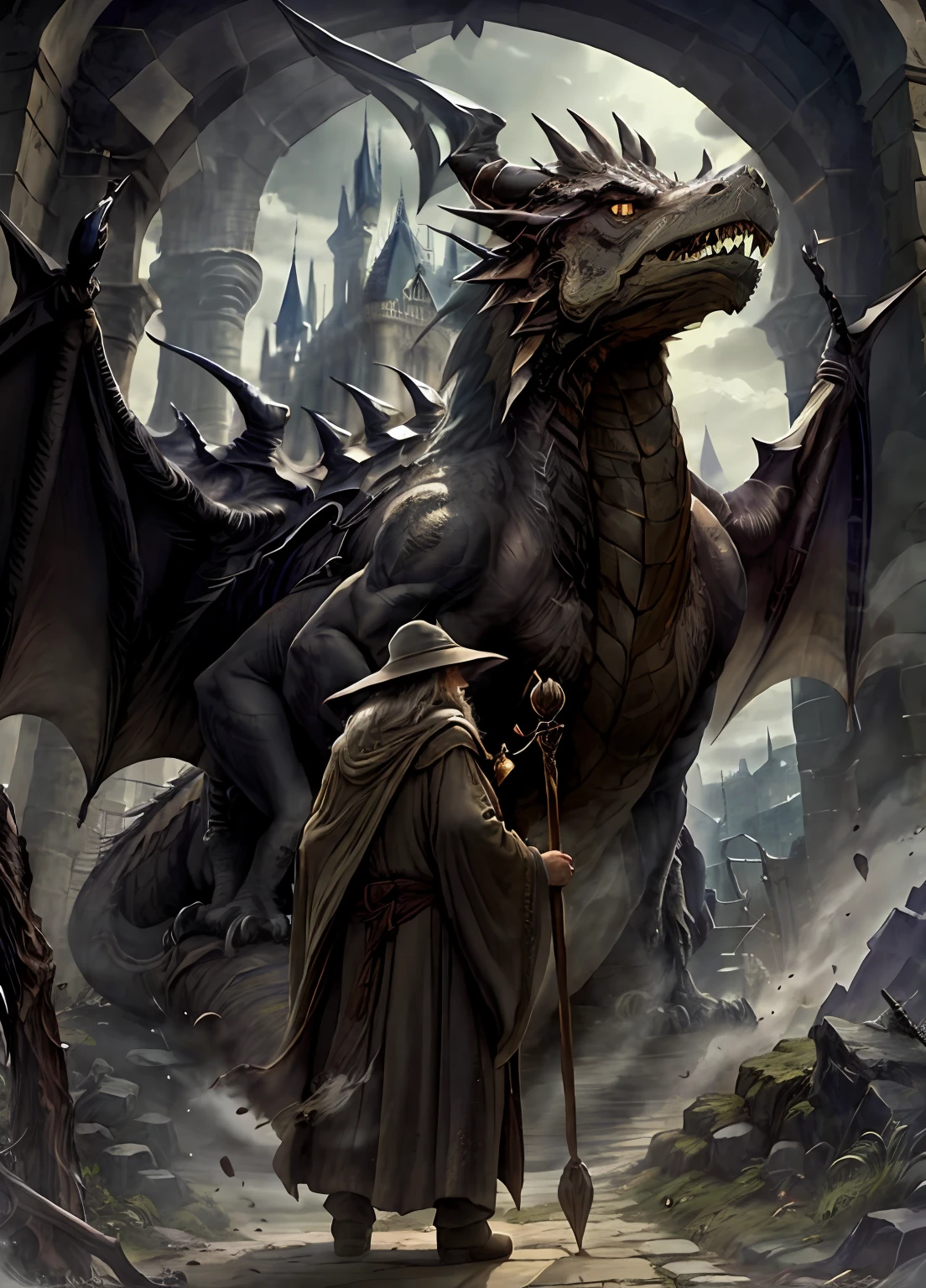 An ancient wizard in brown robes, brandishing his staff, stands in defiance against a fierce dragon in front of a majestic castle.