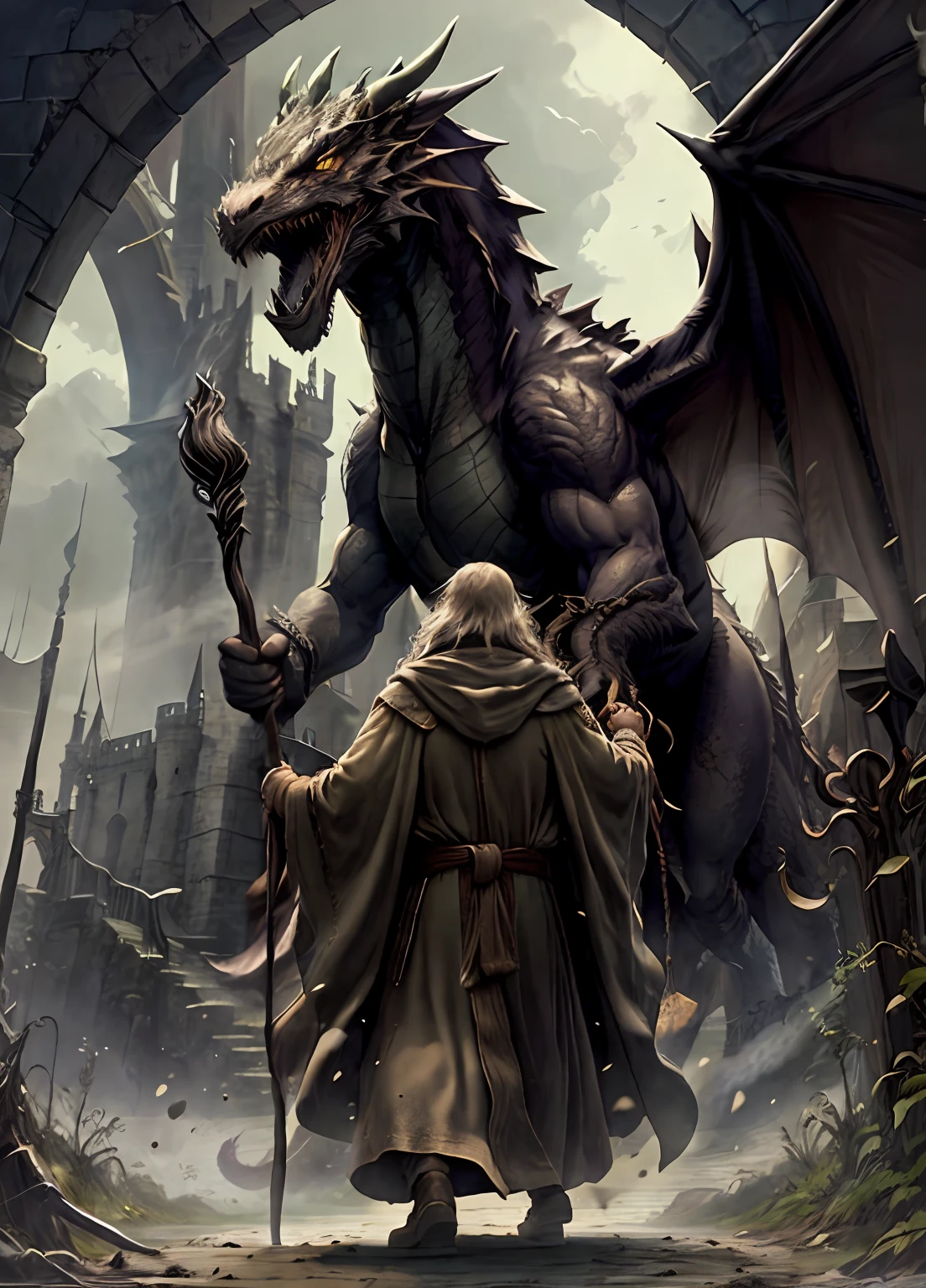 An ancient wizard in brown robes, brandishing his staff, faces a fierce dragon in front of a majestic castle.