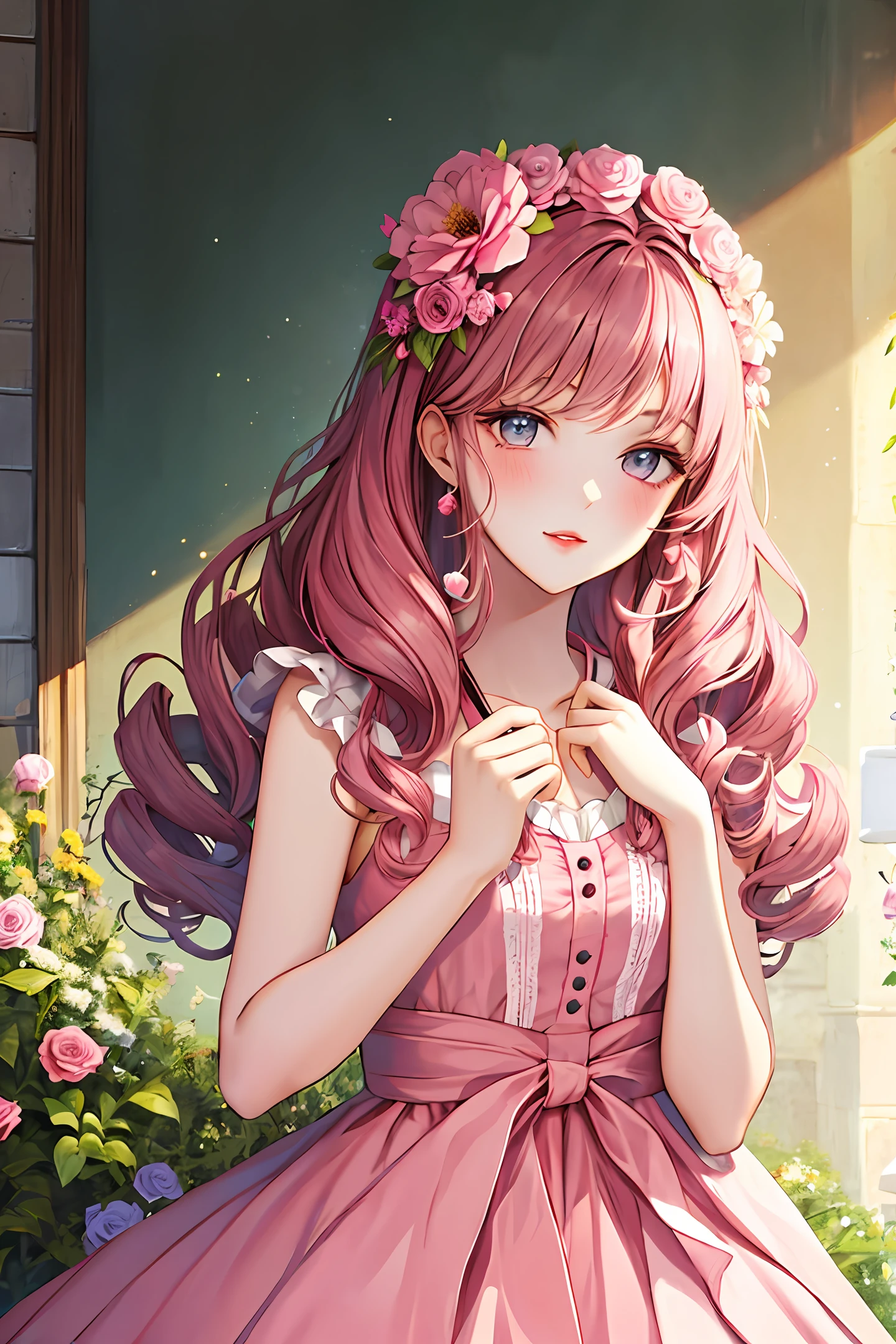 Cute girl with curly hair, wearing a pink dress, a flower in her hand, upper body, fluffy, pink