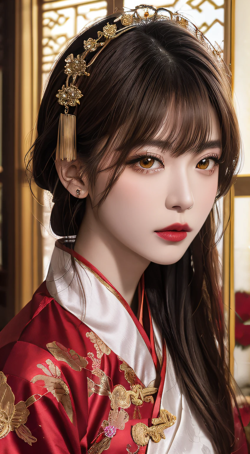 Woman wearing red and gold dress, flower background, palace, hanfu girl, wearing red cheongsam, chinese style, with ancient chinese costume, wearing ancient chinese costume, traditional beauty, Chinese Traditional, chinese girl, cheongsam, chinese costume, chinese princess, hanfu, chinese traditional clothing, chinese costume, 1 27-year-old girl, 1 zodiac goddess from the future, goddess of the pink and purple 12 zodiacs, the goddess of the zodiac in a yellow ao dai, a 12 zodiac ao dai with many black lace detail, mythology Goddess of the 12 zodiacs from the future, zodiac ♏, luxurious glittering zodiac style, dark and mysterious version, zodiac crown, lipstick lips red, thin and beautiful lips, mouth closed, characters made by karol bak and pino daeni, intricate detail, detailed background, extremely detailed, light magic, a woman, clear face, hair long with bangs, beautiful face in detail and well-proportioned eyes, (transparent yellow eyes: 1.8), big round eyes and very beautiful and detailed makeup, foresight, silk dress, mysterious makeup , double bangs and dyed light blonde , upper half portrait, zodiac goddess portrait, arms hanging loosely, Realistic and vivid photo, (stars make up the zodiac: 1.7), (sky background zodiac and fictitious space and time portal: 1.8), fiction art, RAW photo, hanfu picture, best photo, best photo quality, 8k quality, 8k ultra, super realistic, real photo most economical, the goddess poses sexy and seductive,