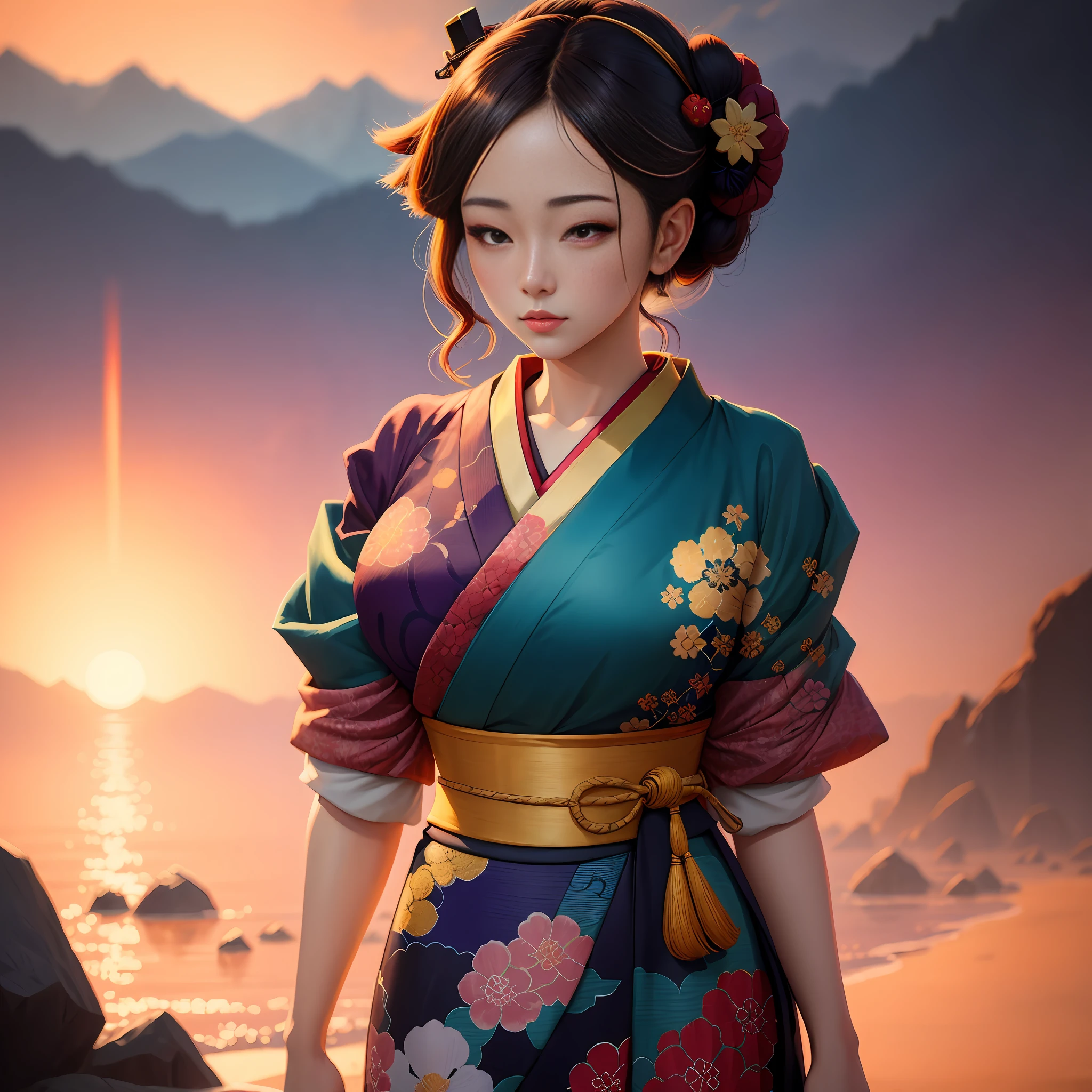 (digital painting),(best quality), angelical face, luxurious eyes, Ukiyo-e art style, Hokusai inspiration, Deviant Art popular, 16k ultra-realistic, pastel color scheme, soft lighting, golden hour, tranquil atmosphere, landscape orientation