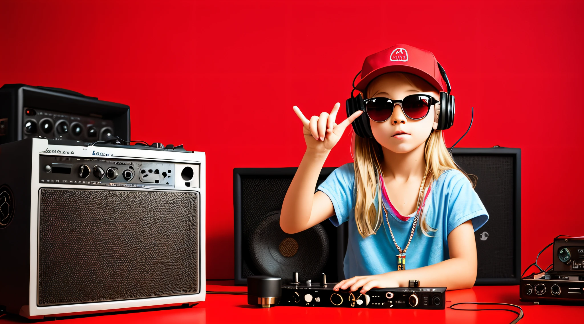 mENINA CHILD BLONDE LONG HAIR WEARING A HAT, holding a boombox and pointing with his hand, boombox, music guy, ghetto blaster, on a red background, playing for music, on red background, dj, very low quality picture, red sunglasses and a guitar, big ghetto blaster, with headphones, music is life, new music, vibrating with music