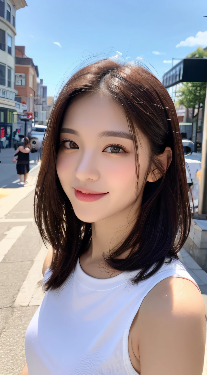 ((Best Quality, 8k, Masterpiece: 1.3)), 1 Girl, Smile, Full Body, Slim Face, Pretty Woman, (Dark Brown Hair), Ultra Detailed Face, Detailed Eyes, Double Eyelids, Blurred Background, Slim Face, City, Outside, Street, Sports