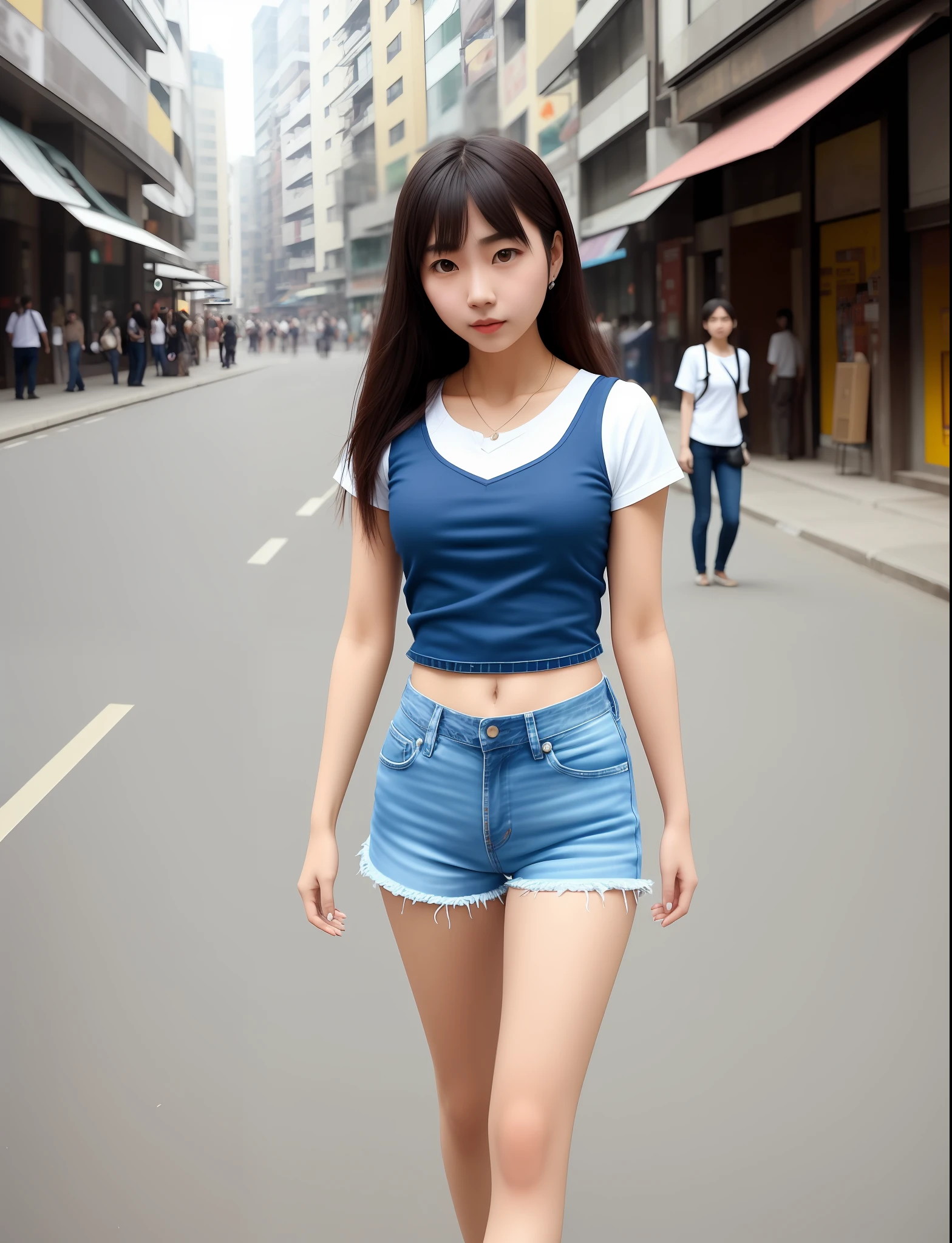 Full body girl, 24 years old, cinnamon teas, wearing blue denim shorts and white top, walking around the city, centered position, wide angle, 3D image, 16K resolution, 35mm lens F/1.18. Suggestions: not ugly, not bad proportions, not mutilated, not bad anatomy, no duplicate image, no double head, no double face, no extra limbs, no lost limbs, no fused limbs, no image out of focus, the image should not be in Cartoon, should not be plastic