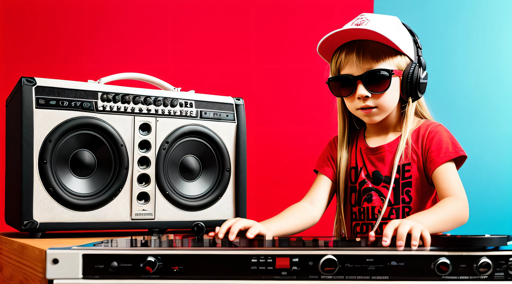 CHILD BLONDE LONG HAIR WEARING A HAT, holding a boombox and pointing with his hand, boombox, music guy, ghetto blaster, on a red background, playing for music, on red background, dj, very low quality picture, red sunglasses and a guitar, big ghetto blaster, with headphones, music is life, new music, vibrating with music