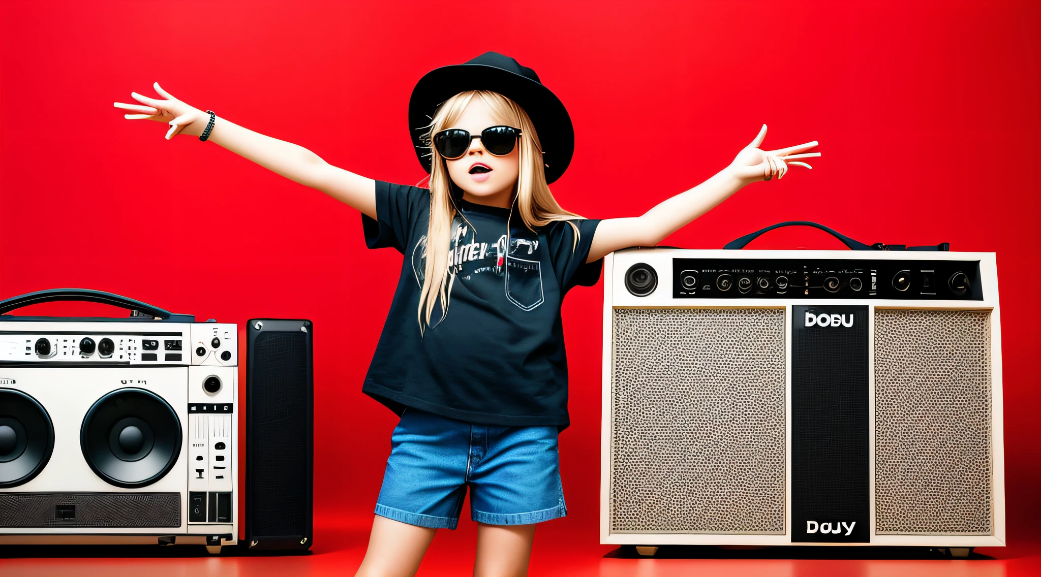 mENINA CHILD BLONDE LONG HAIR WEARING A HAT, holding a boombox and pointing with his hand, boombox, music guy, ghetto blaster, on a red background, playing for music, on red background, dj, very low quality picture, red sunglasses and a guitar, big ghetto blaster, with headphones, music is life, new music, vibrating with music