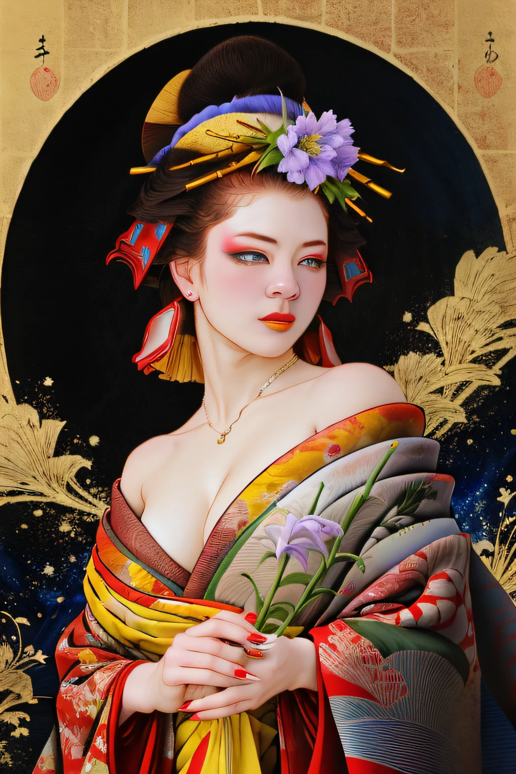 split color hair,ichiro,
1girl, solo, blue eyes, black hair, hair ornament, holding, cleavage, medium breasts, flower, japanese clothes, kimono, off shoulder, nail polish, makeup, lipstick, yellow background, red nails, eyeshadow, holding flower, hair stick, kanzashi, comb,