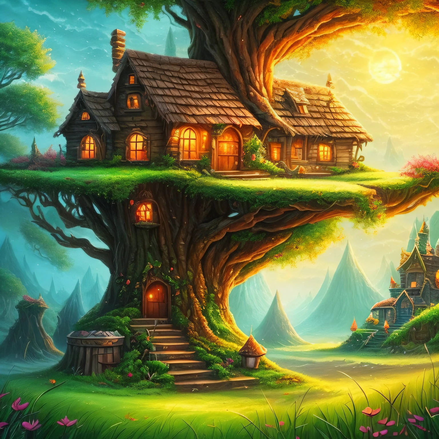 a closeup of a tree with a house in the middle of it on top of an anthill, magical fantasy vegetation, fantasy game art style, detailed fantasy illustration, highly detailed magical fantasy, fancy fantasy landscape art, magical fantasy concept art 2 d, detailed digital fantasy art, fantasy tree,  colorful concept art, enchanted magical fantasy forest, magic fantasy forest, magical fairy background --auto