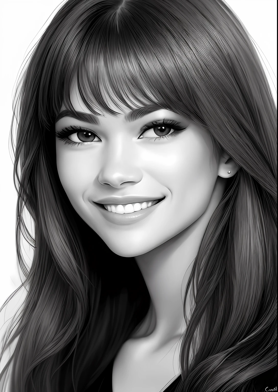 a drawing of a woman with long hair and a big smile, Zendaya face potrait, woman face, Zendaya face portrait, woman face, female portrait face, Caucasian face sketch, female face, portrait of a woman's face, portrait of a woman's face, portrait of a woman's face, portrait of the face,  Simple drawing, detailed face of a woman