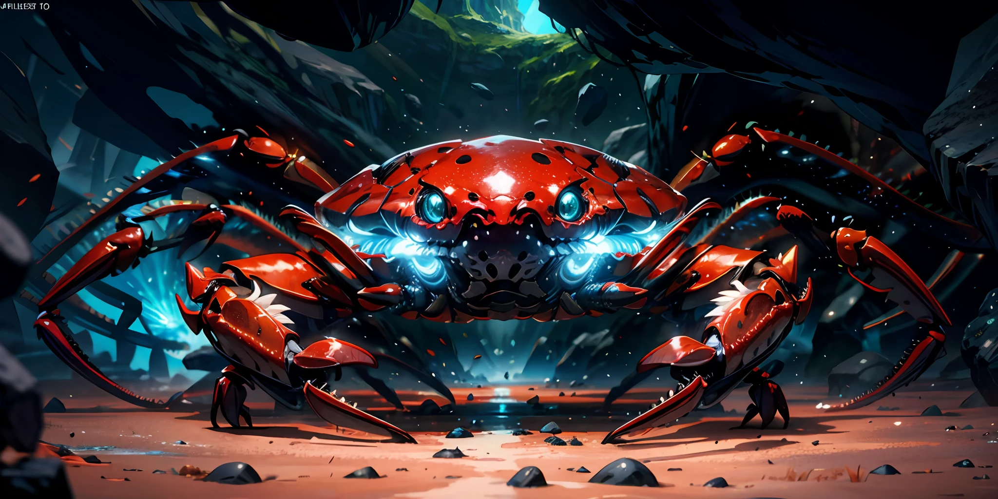 close shot of a colorful shell crab, big pincers, shiny shell, detailed legs, detailed pincers, the crab is crawling on an alien rock inside a cave, crystal cave, crystal ,focus, alien landscape background .BREAK,Detailed,Realistic,4k highly detailed digital art,octane render, bioluminescent, BREAK 8K resolution concept art, realism,by Mappa studios,masterpiece,best quality,official art,illustration,ligne claire,(cool_color),perfect composition,absurdres, fantasy,focused,rule of thirds,