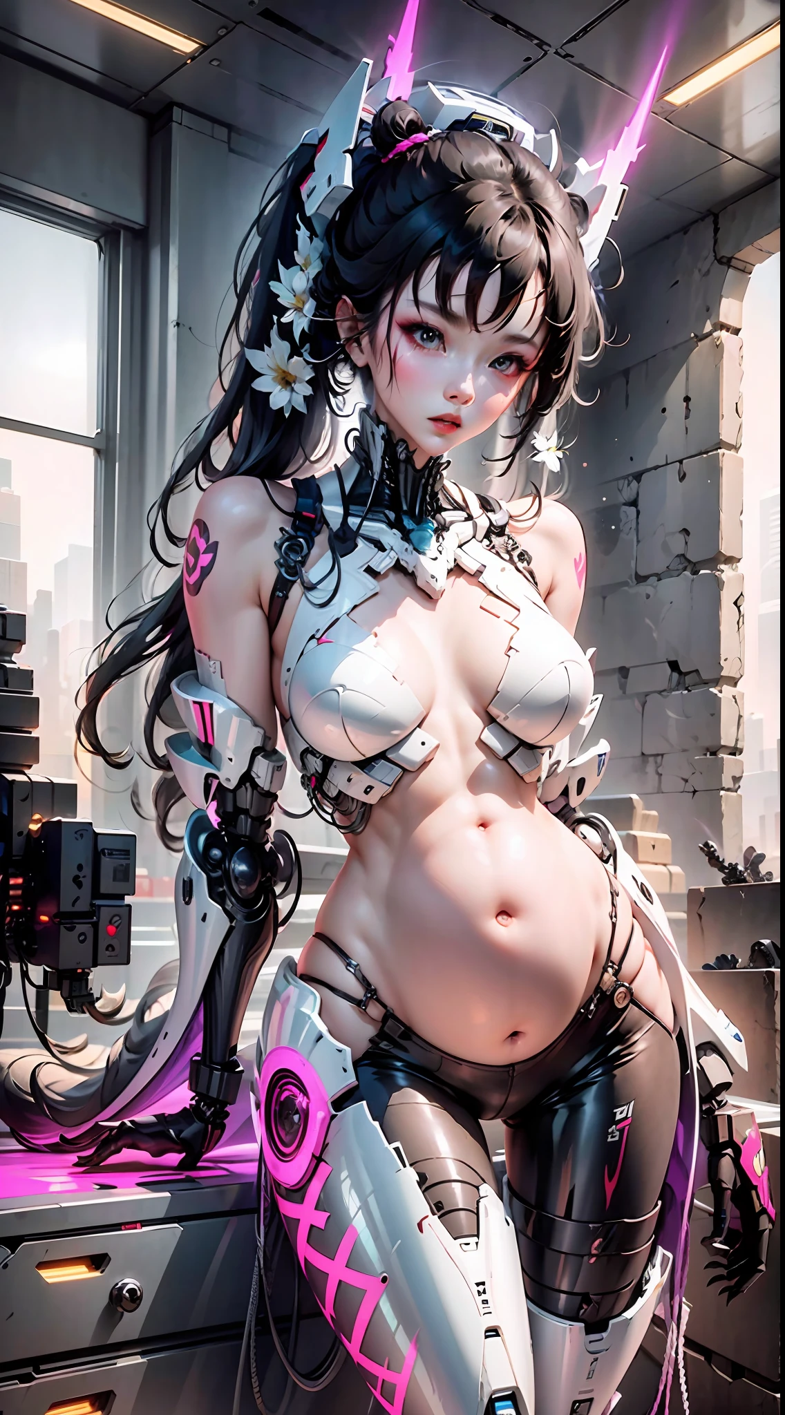 (Very detailed: 1.5) Futuristic mech girl on neon flashing sci-fi magazine cover, (Cyberpunk: 1.3) style, dressed in stylish combat suit with glowing accents, confidently posing as a giant robot in the background, (bold typography: 1.2), dynamic composition, bright colors, (Akira style: 1.1), (Hajime Sorayama inspiration: 1.2) pregnant, pregnant belly