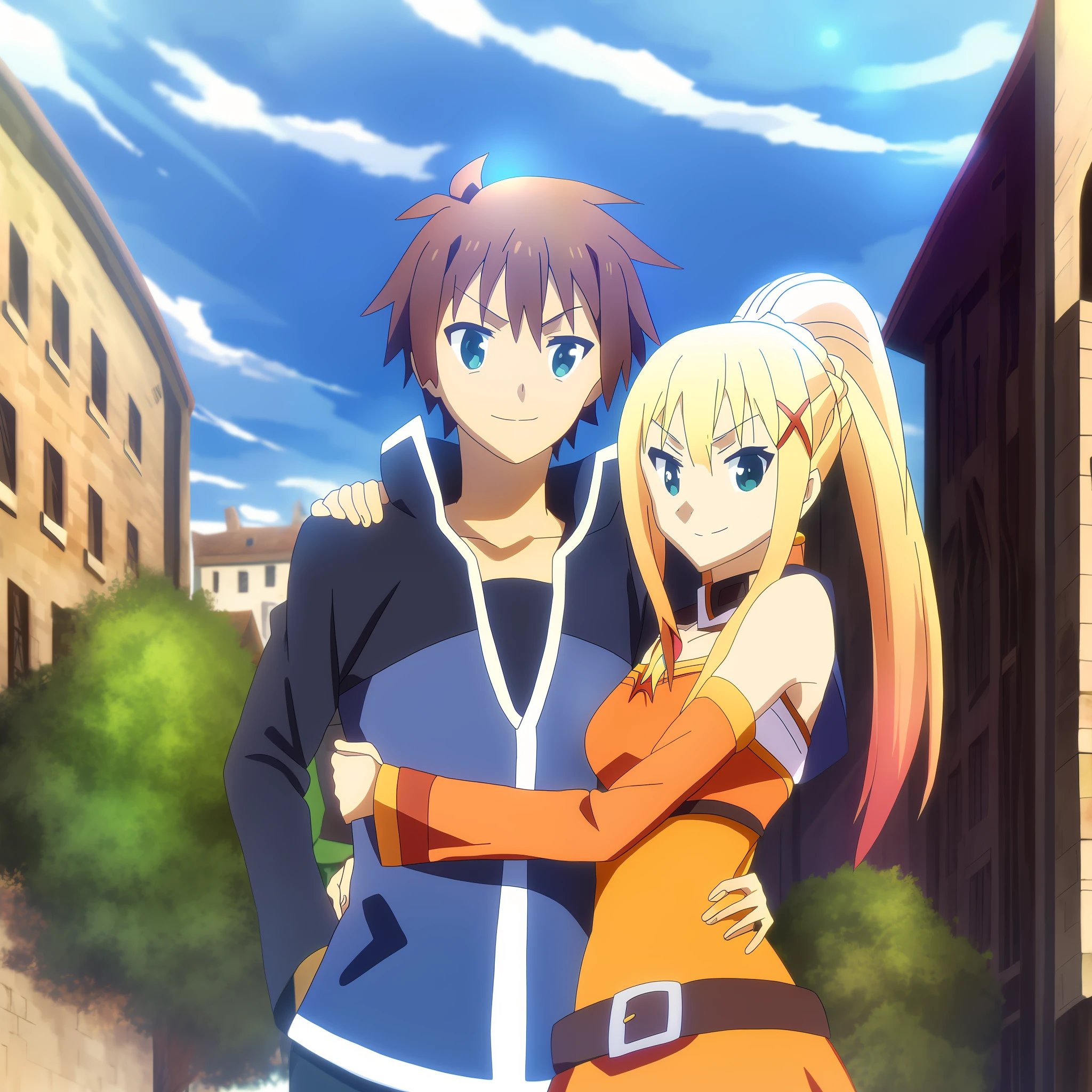 Axel; Aqua, Megumin, Darkness, Kazuma smiling, hugging; by day;