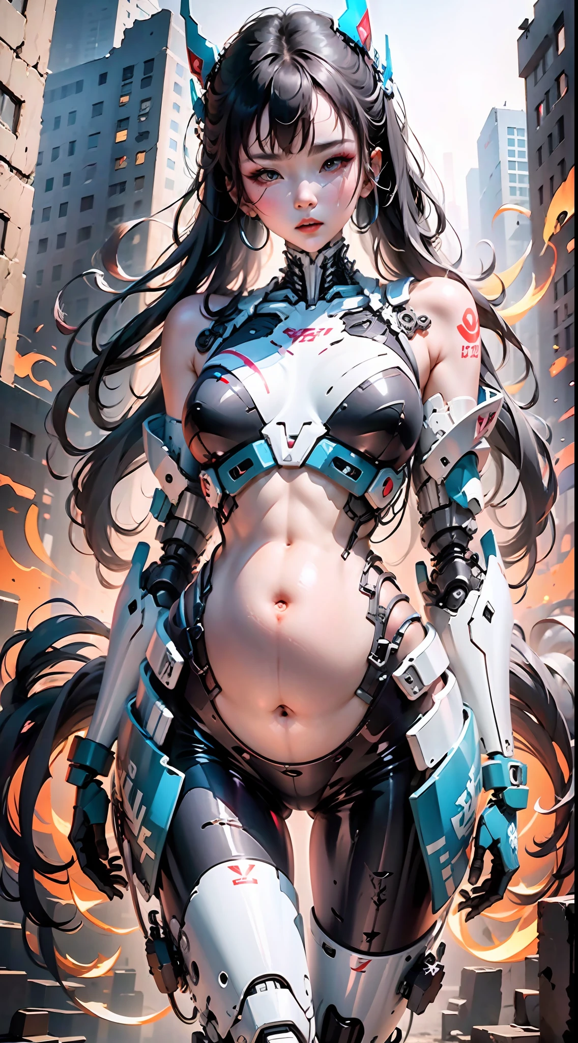 (Very detailed: 1.5) Futuristic mech girl on neon flashing sci-fi magazine cover, (Cyberpunk: 1.3) style, dressed in stylish combat suit with glowing accents, confidently posing as a giant robot in the background, (bold typography: 1.2), dynamic composition, bright colors, (Akira style: 1.1), (Hajime Sorayama inspiration: 1.2) pregnant, pregnant belly
