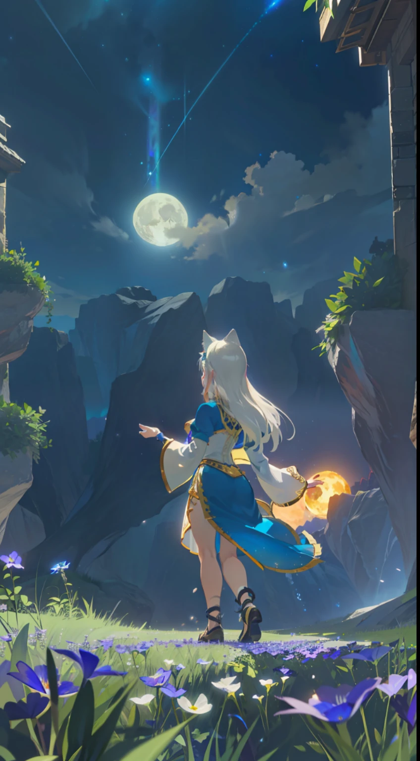 Extensive landscape photo , (above and below looking down), girl standing in flower field looking up, (full moon:1.2), ( shooting stars:0.9), (nebula:1.3), starry sky, white flower field, flower field shining, fantastic flower field, tree , (warm light source:1.2), (firefly:1. 2), lamp, orange and blue mostly fine details, voluminous lighting BREAK (Masterpiece:1.2), (top quality), 4k, super detailed, (dynamic composition:1.4), very fine details, colorful details, ( iridescent:1.2), (glowing lighting, atmospheric lighting), dreamy, fantastic, (solo:1.2), sparkling, glow, petals dancing, white hair, beautiful hair, long hair, cat ears, back view, water effects, soap bubbles, posed, hands are hidden in sleeves, Large lacy sleeves