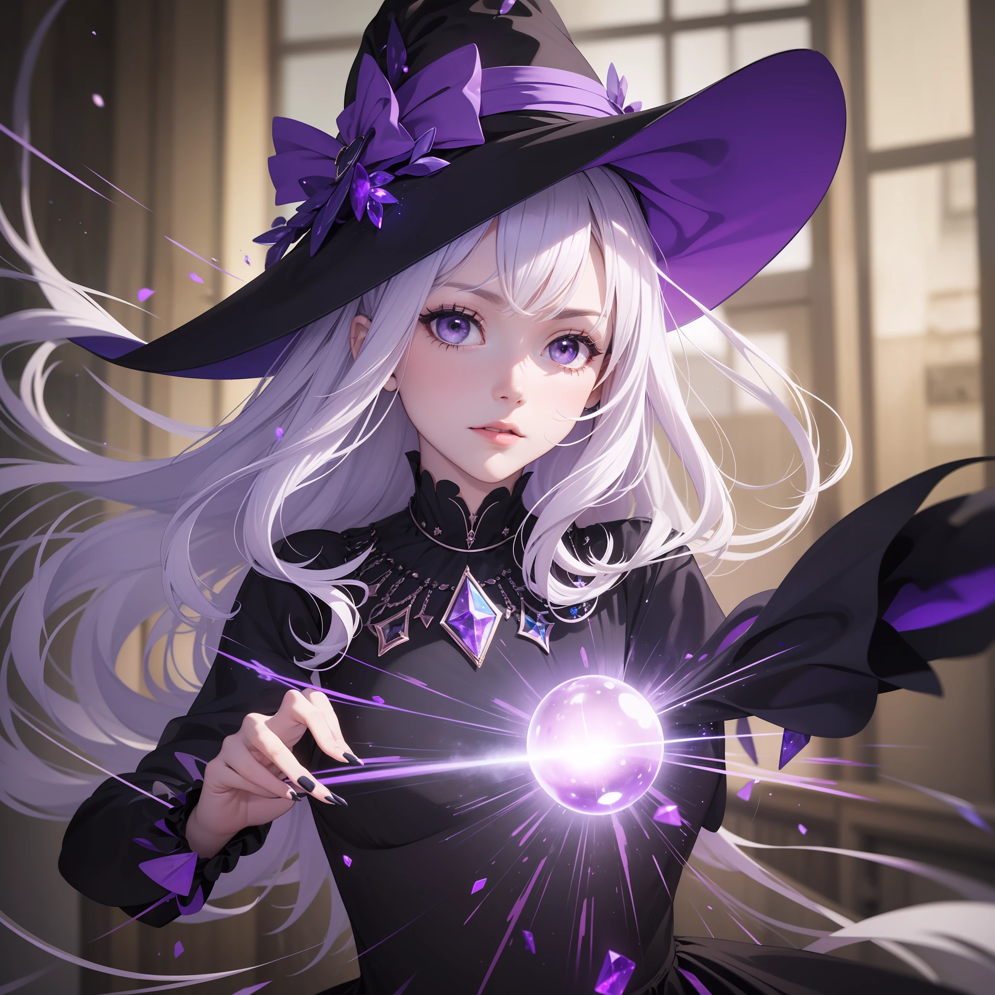 (Best Quality: 1.3), 8k, (Masterpiece: 1.3), Ultra High Resolution, A (Speeding) amethyst the room at high speed,(slow motion:1.3),(Motion blur:1.3),(Speed lines:1.4),sense of speed,(Black dress:1.5)、(Witch: 1.5)(Purple crystal: 1.5), (Silver hair: 1.5), Pretty face, 18 years old, Cane, (Magic: 1.5)