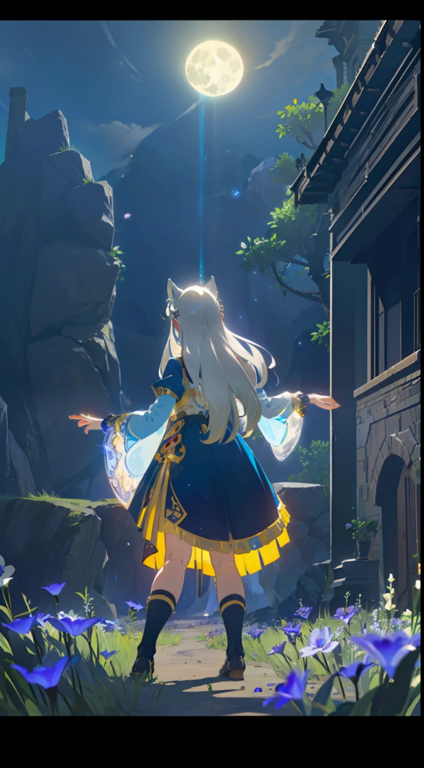 Extensive landscape photo , (above and below looking down), girl standing in flower field looking up, (full moon:1.2), ( shooting stars:0.9), (nebula:1.3), starry sky, white flower field, flower field shining, fantastic flower field, tree , (warm light source:1.2), (firefly:1. 2), lamp, orange and blue mostly fine details, voluminous lighting BREAK (Masterpiece:1.2), (top quality), 4k, super detailed, (dynamic composition:1.4), very fine details, colorful details, ( iridescent:1.2), (glowing lighting, atmospheric lighting), dreamy, fantastic, (solo:1.2), sparkling, glow, petals dancing, white hair, beautiful hair, long hair, cat ears, back view, water effects, soap bubbles, posed, hands are hidden in sleeves, Large lacy sleeves