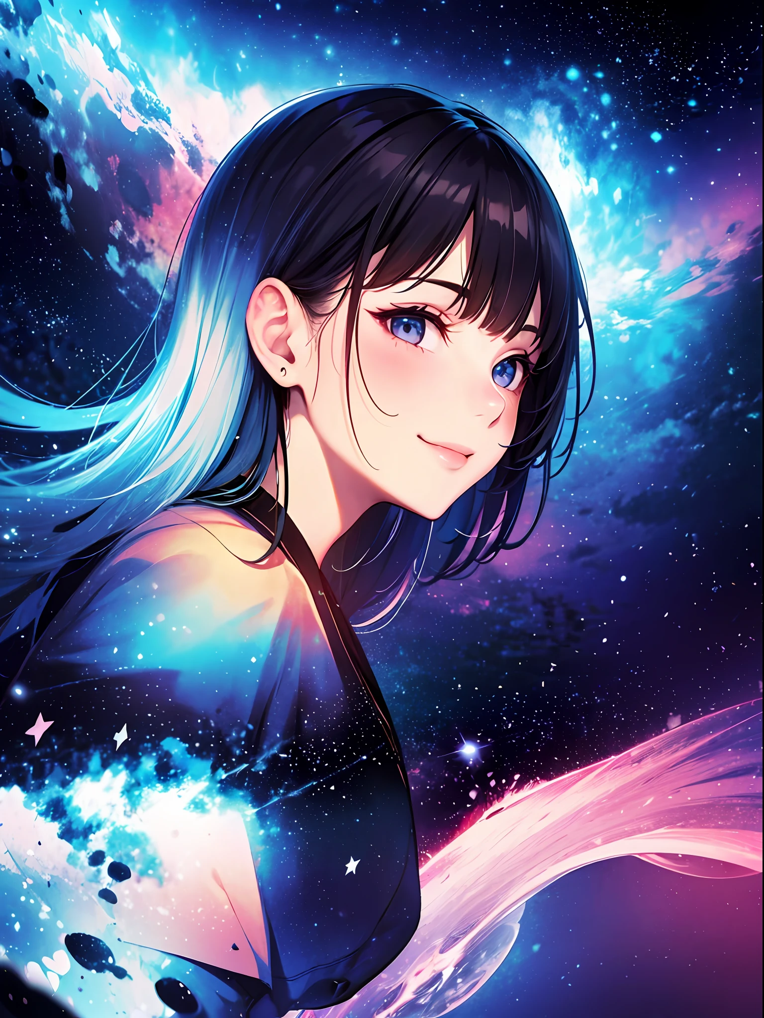 Girl, cloud, colorful, cool, masterpiece, sit, from side, (sideways), smile, starry, stars