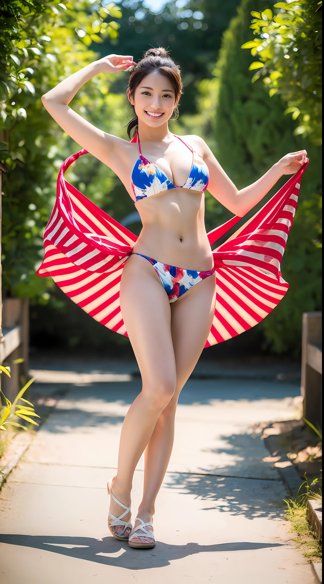 (Representative work: 1.3), (8K, Phototristic, RAW photo, Maximum quality: 1.4), Attractive, Ultra high quality, Ultra realistic, High Quality, Beautiful Japan Woman, Bikini, Smile, (Y balance: 1.5),Raise one leg, stand on one leg,
