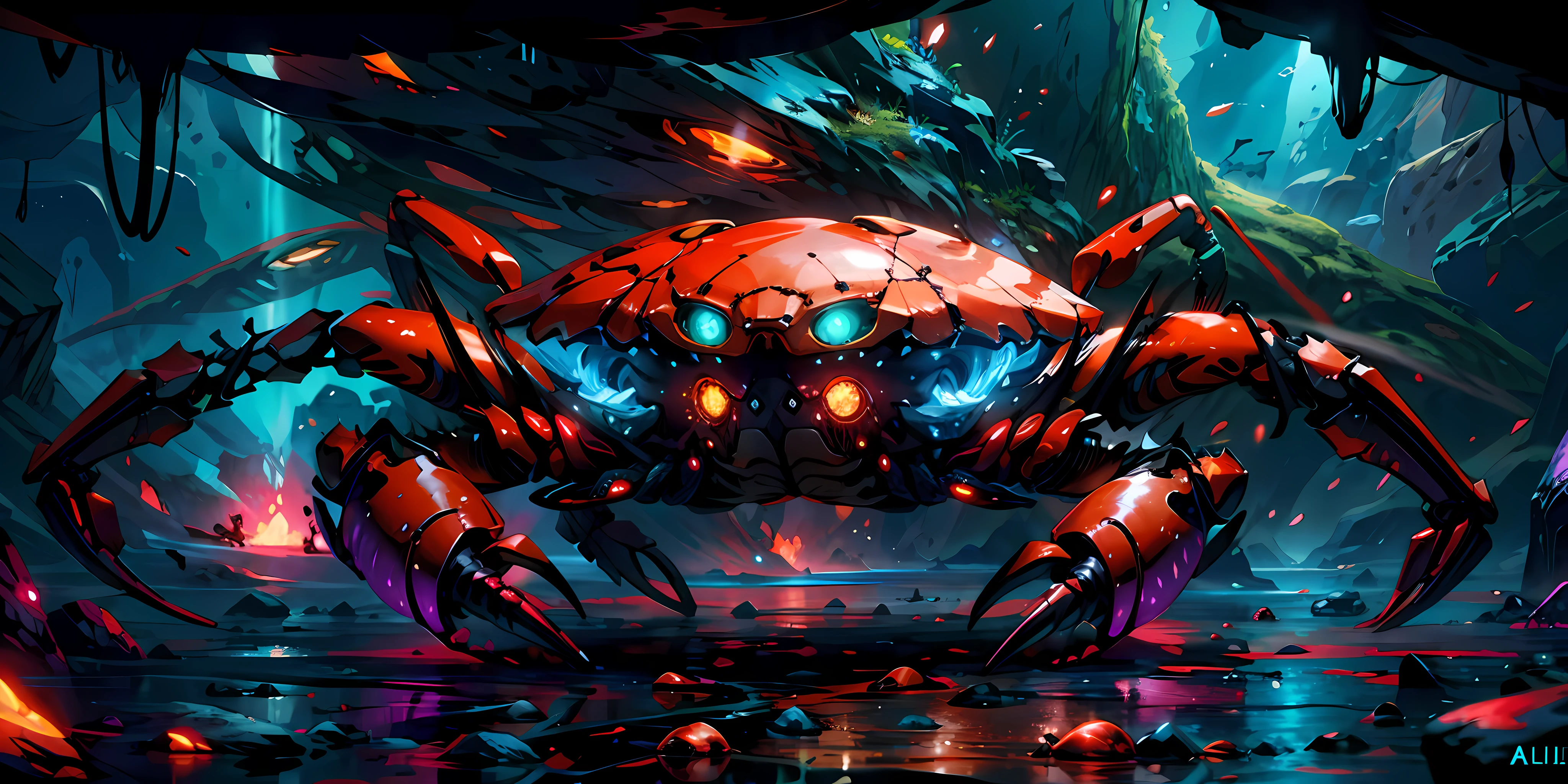 close shot of a colorful shell crab, big pincers, shiny shell, detailed legs, detailed pincers, the crab is crawling on an alien rock inside a cave, crystal cave, crystal ,focus, alien landscape background .BREAK,Detailed,Realistic,4k highly detailed digital art,octane render, bioluminescent, BREAK 8K resolution concept art, realism,by Mappa studios,masterpiece,best quality,official art,illustration,ligne claire,(cool_color),perfect composition,absurdres, fantasy,focused,rule of thirds,