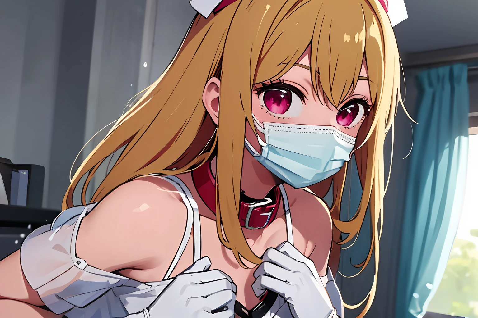 (((masterpiece))), ((best quality)), detailed, solo, 1 girl, Hoshino Ruby, fine lingerie, (rain), chest curtains, nurse&#39;s cap, latex gloves, surgical mask, dog pose, sexy pose, collar around neck, dog leash around neck,