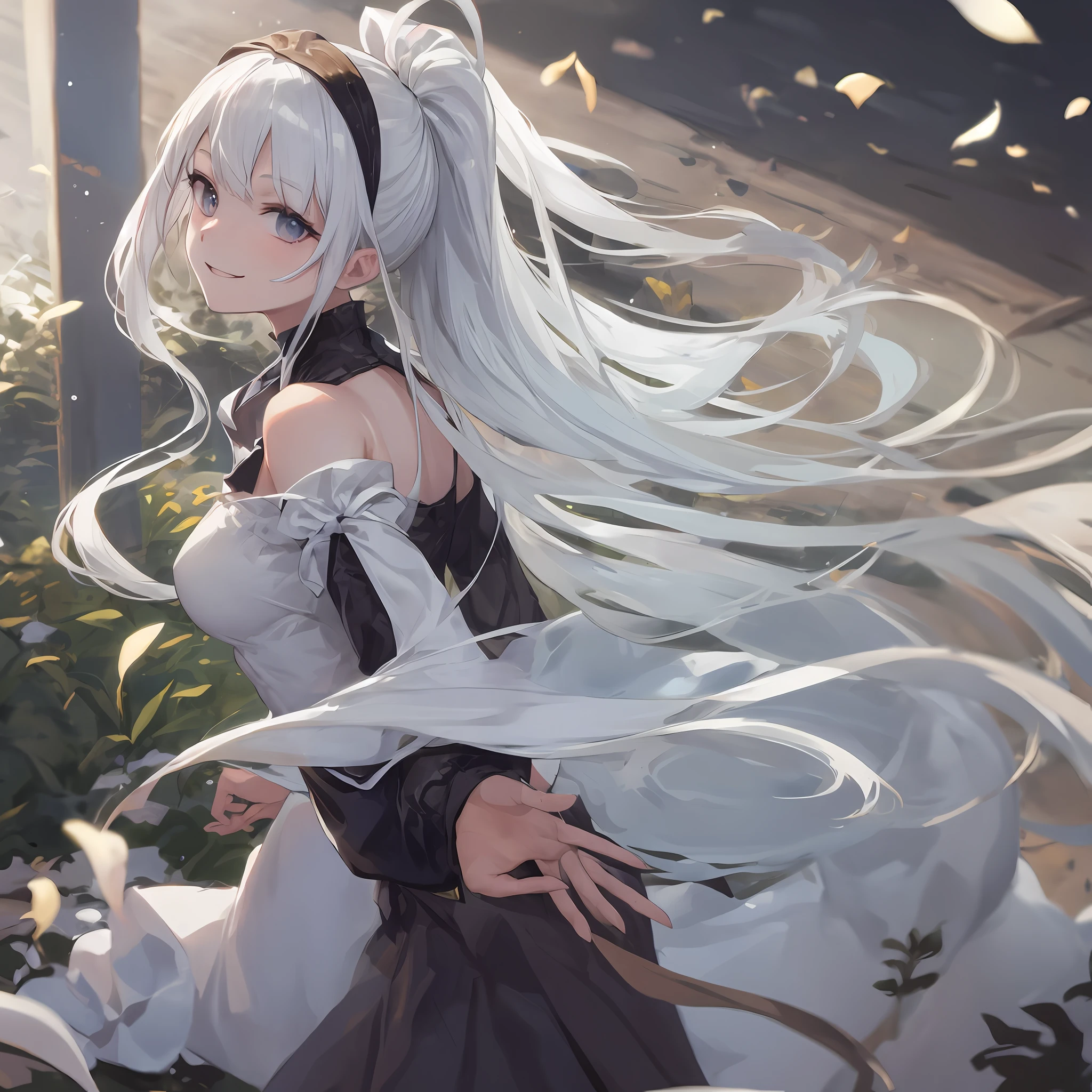 White hair, headband, high ponytail, white silk, walk forward, look back and smile, beautiful girl --auto