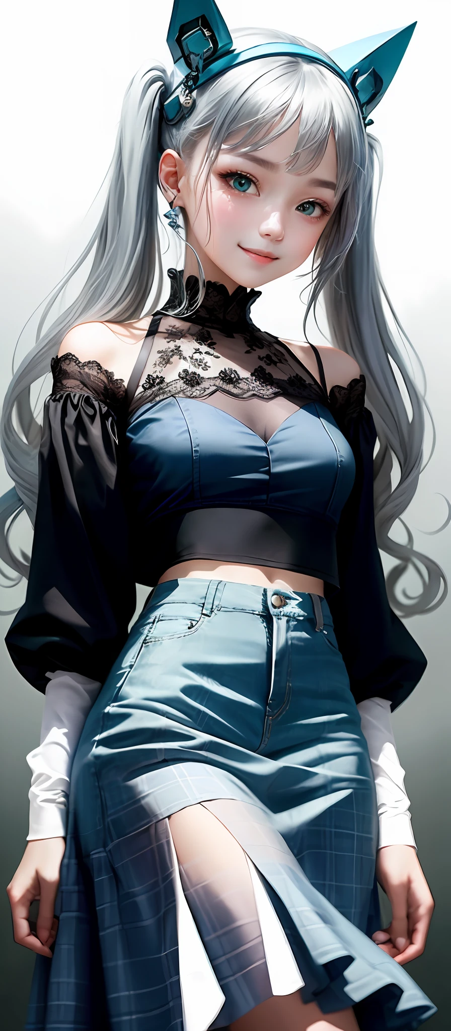 Twin tails, happy face, square neck, 1girl, (masterpiece:1.1), (white 
see-through-blouse:1.1) (best quality:1.1), (plaid skirt:1.1), high-waisted long skirt, BREAK [blue:pink:0.5] theme, (gradient background: 1.1 ), cowboy shot, break silver hair, long hair,, green eyes, delicate headgear