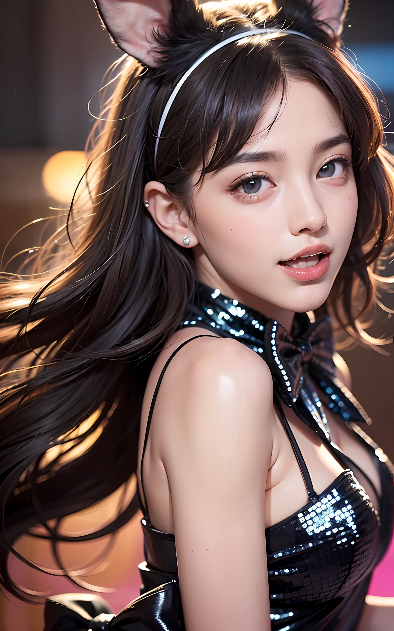 (Realistic, Photorealistic: 1.37), (8k, RAW Photos, Best Quality, Masterpiece: 1.2), Very Cute Woman, Super Detail, Heart-Shaped Pupils, Physically Based Rendering, Ultra High Resolution, Kodak Vision Color, Shot with Arricam LT Camera, Bokeh, Sharp Focus, (((Correct Anatomy: 1.2)))), (Cute Pose)), Watch Viewer, Realistic, solo, photorealistic, top quality, highly detailed face, ((sequins, black bunny girl costume, black rabbit ear shaped hairband, bow tie: 1.2)), dark brown hair, semi-long hair, highly detailed eyes and face, beautiful detailed eyes, double eyelids, ((unforgettable smile, open mouth: 1.2)), red cheeks, hair fluttering in the wind, watch the viewer, (( Close-up of face)), ((nightclub, background blurred)), ((big))