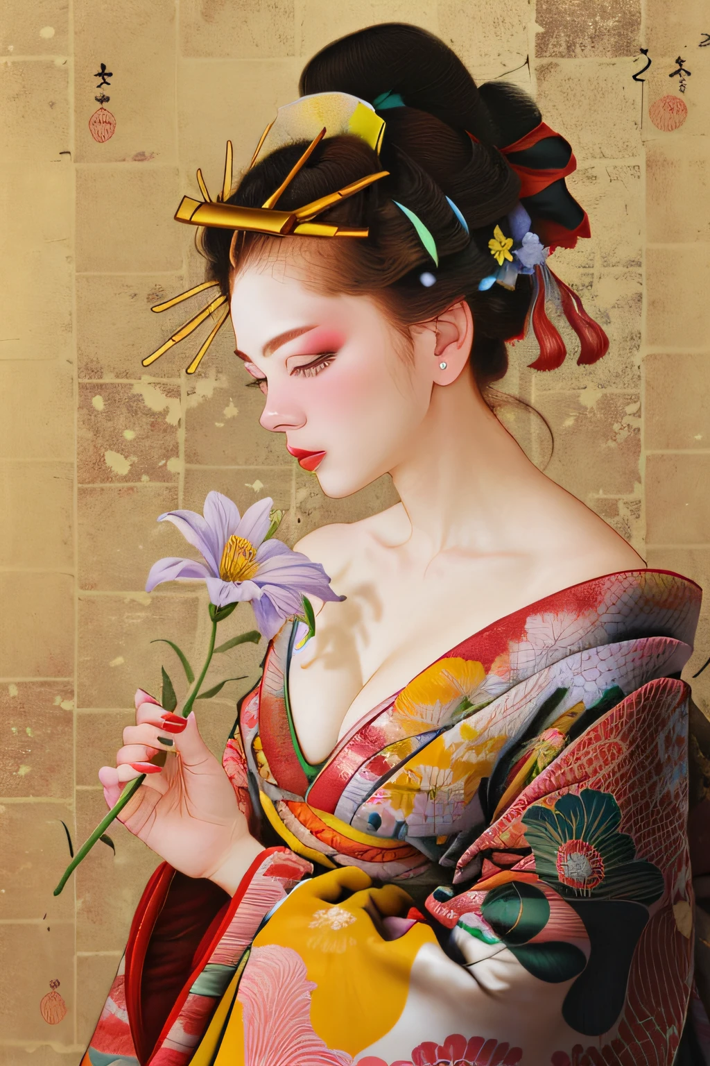 split color hair,ichiro, 
1girl, solo, blue eyes, black hair, hair ornament, holding, cleavage, medium breasts, flower, japanese clothes, kimono, off shoulder, nail polish, makeup, lipstick, yellow background, red nails, eyeshadow, holding flower, hair stick, kanzashi, comb,