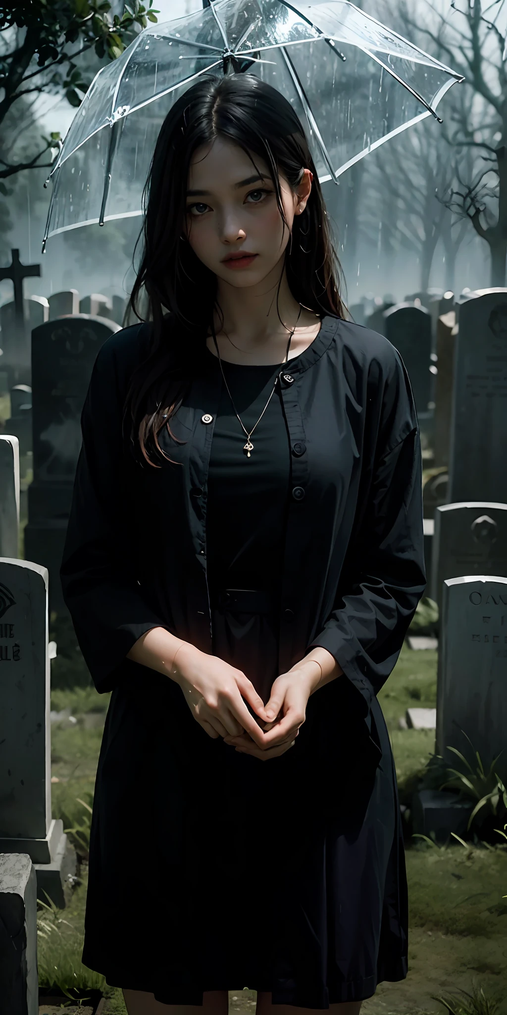 photorealistic, best quality, masterpiece, rainy graveyard, spirit dark theme