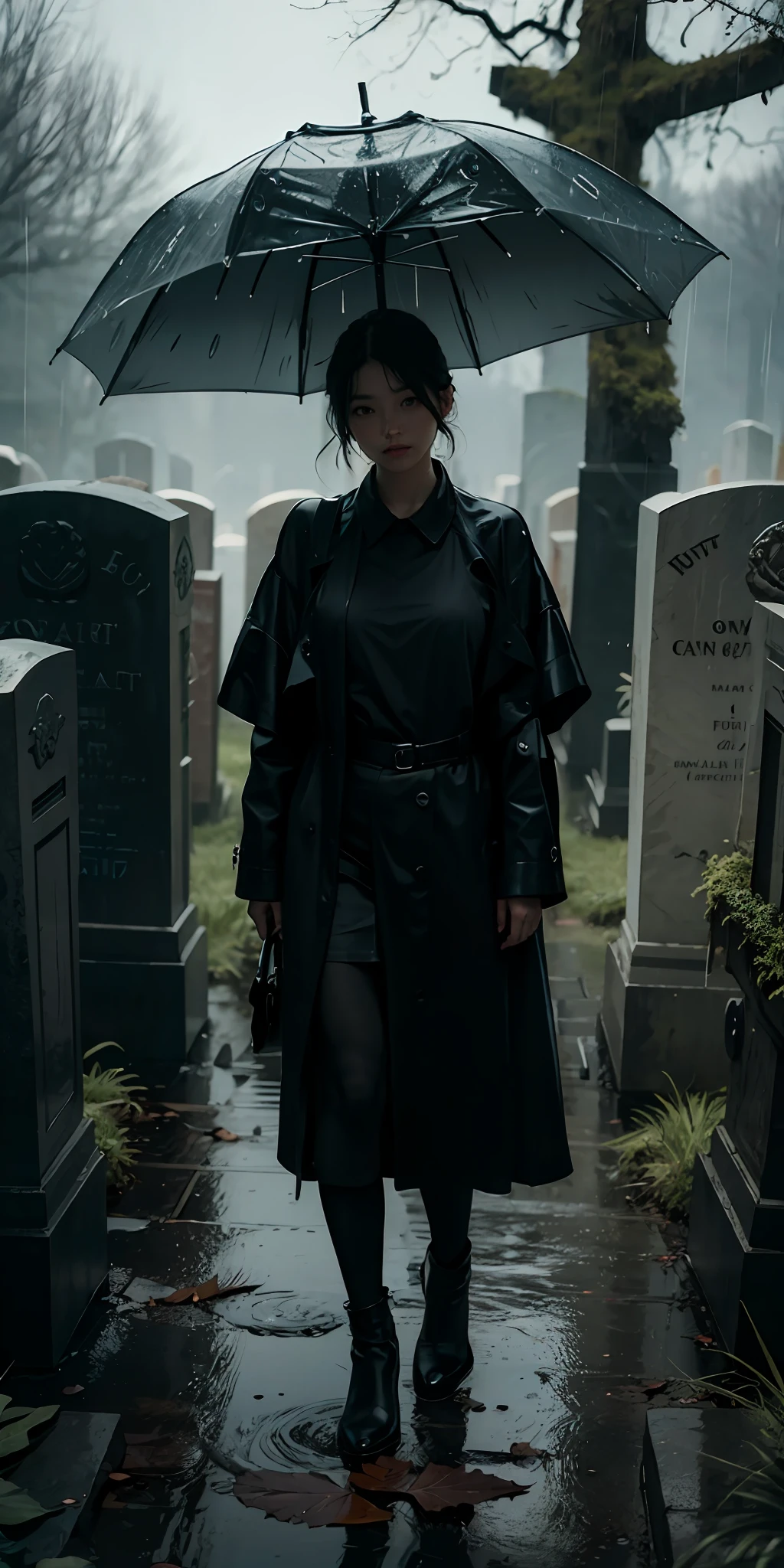 photorealistic, best quality, masterpiece, rainy graveyard, spirit dark theme