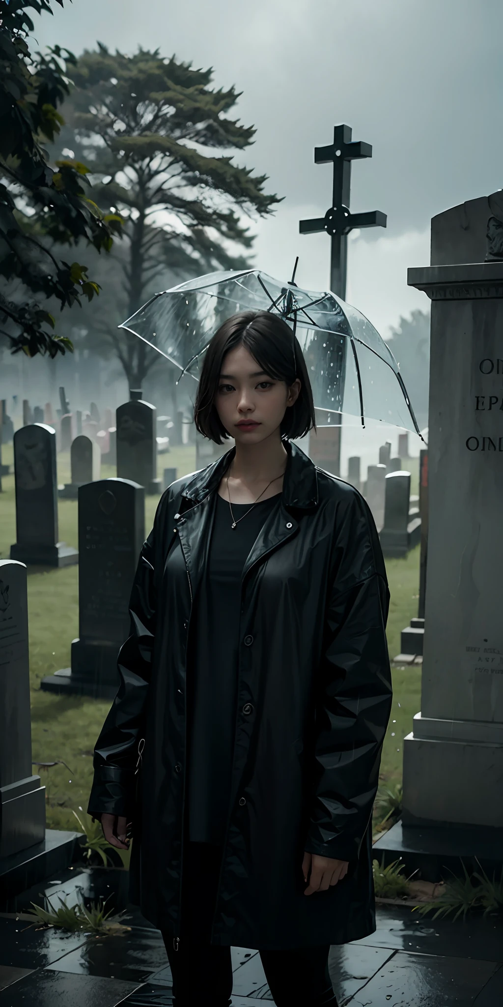 photorealistic, best quality, masterpiece, rainy graveyard, spirit dark theme