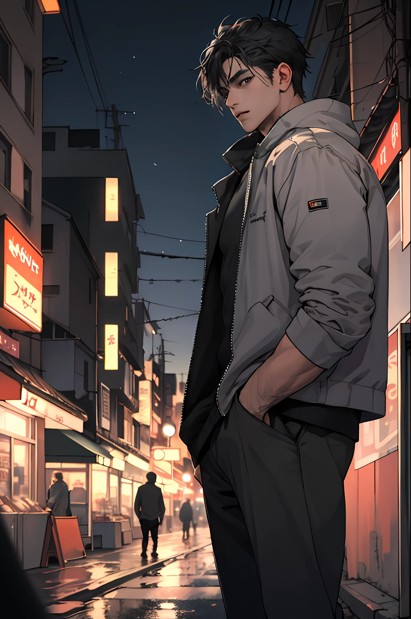 1man,masterpiece,best quality, ultra high res, dusk,cityscape,depth of field, short black messy hair, solo male