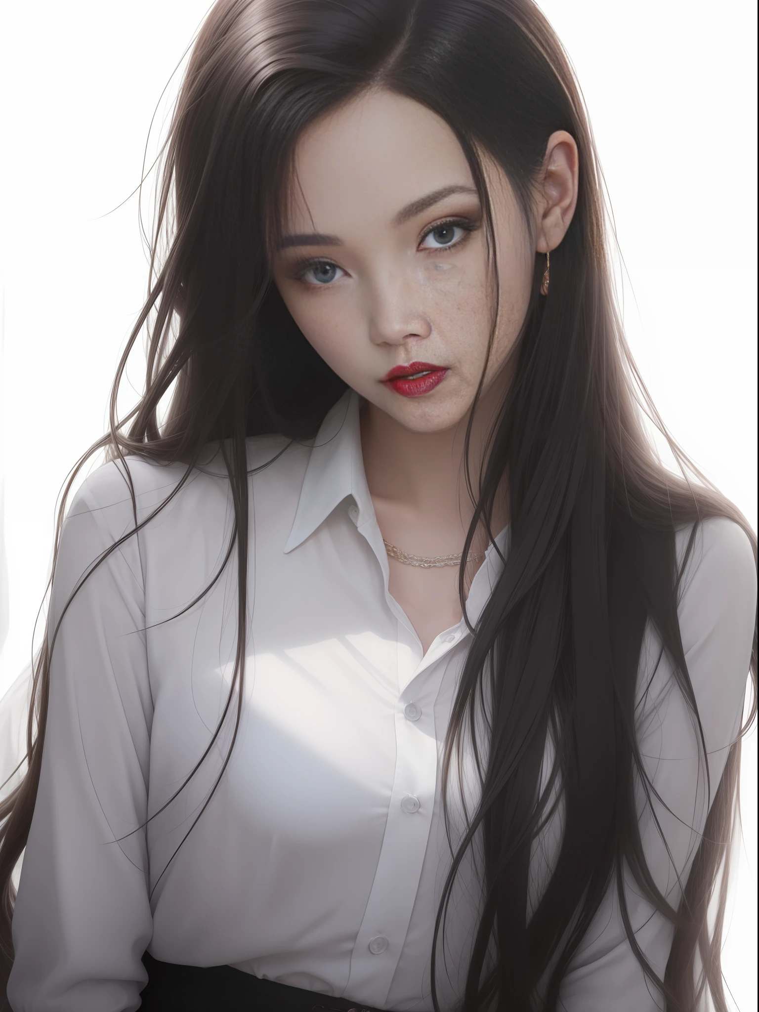 1girl, white shirt, long hair, red lips, black hair, realistic, ultra detail, 70mm lens