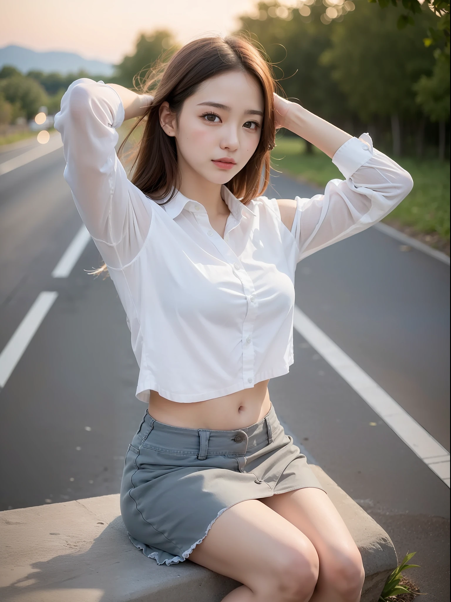 ((top quality, 8k, masterpiece: 1.3, raw photo)), Sharp Focus: 1.2, (1 Espa Girl: 1.2), (Realistic, Photorealistic: 1.37), (Face Focus: 1.1), Cute face, tenderness, small, flat breasts, short disheveled hair, arms up, beautiful woman sitting on a country road at dusk, white summer casual shirt, skirt, daylight, Movie lighting