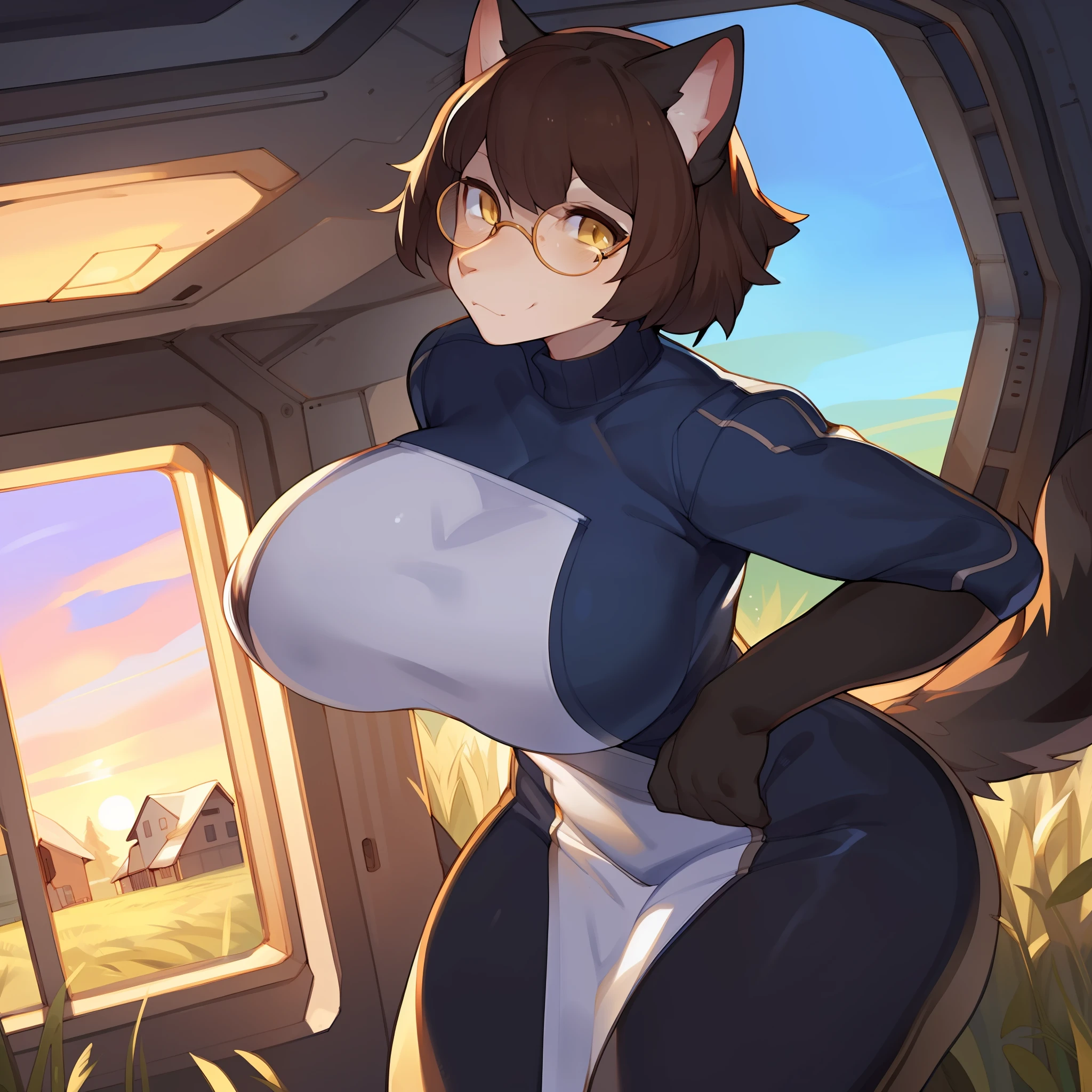 by buta99, by bebebebebe, by cervina7, by sindoll, by lvlirror, by carsen, by chelodoy, by spikedmauler, by spuydjeks, solo, female, standing, feline, (((black fur))), brown hair, short hair, glasses, turtleneck, grey spacesuit, yellow eyes, detailed eyes, detailed hands, snout, big breasts, spaceship, window, farmhouse in the distance, field of crops, sunset