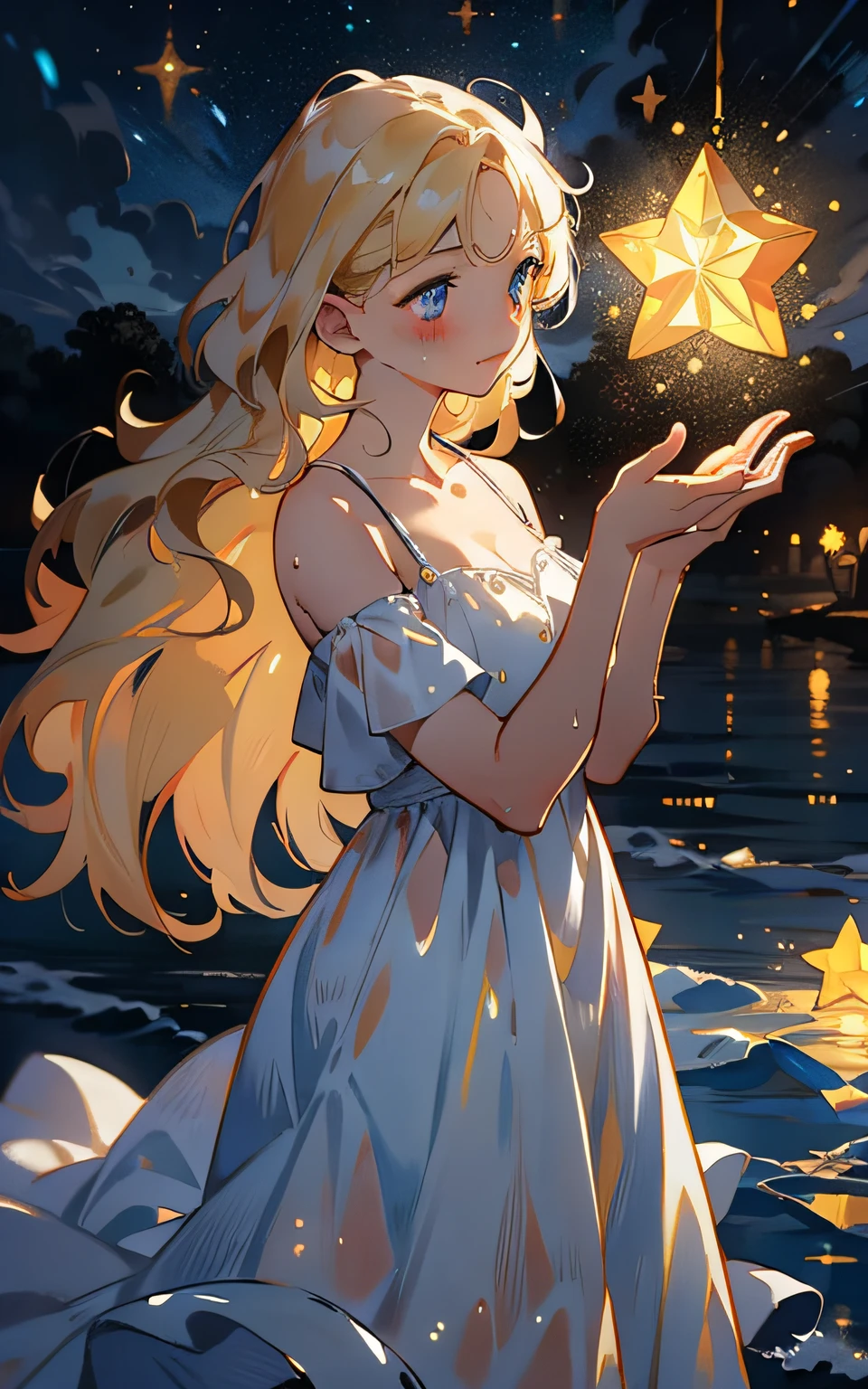 star,starlight,masterpiece,best quality,HDR.UHD.4K,8K,64K,Highly detailed,ultra-finepainting,extreme detail description,Professional, 1girl, volumetric light, 1 girl, blonde hair,medium breast, long hair, best quality, illustration, beautiful detailed eyes, pose, wet white dress, starry sky,