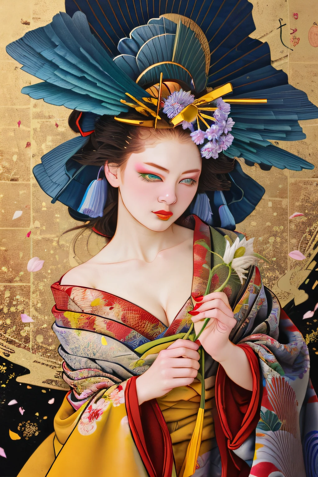 split color hair,ichiro, 
1girl, solo, blue eyes, black hair, hair ornament, holding, cleavage, medium breasts, flower, japanese clothes, kimono, off shoulder, nail polish, makeup, lipstick, yellow background, red nails, eyeshadow, holding flower, hair stick, kanzashi, comb,