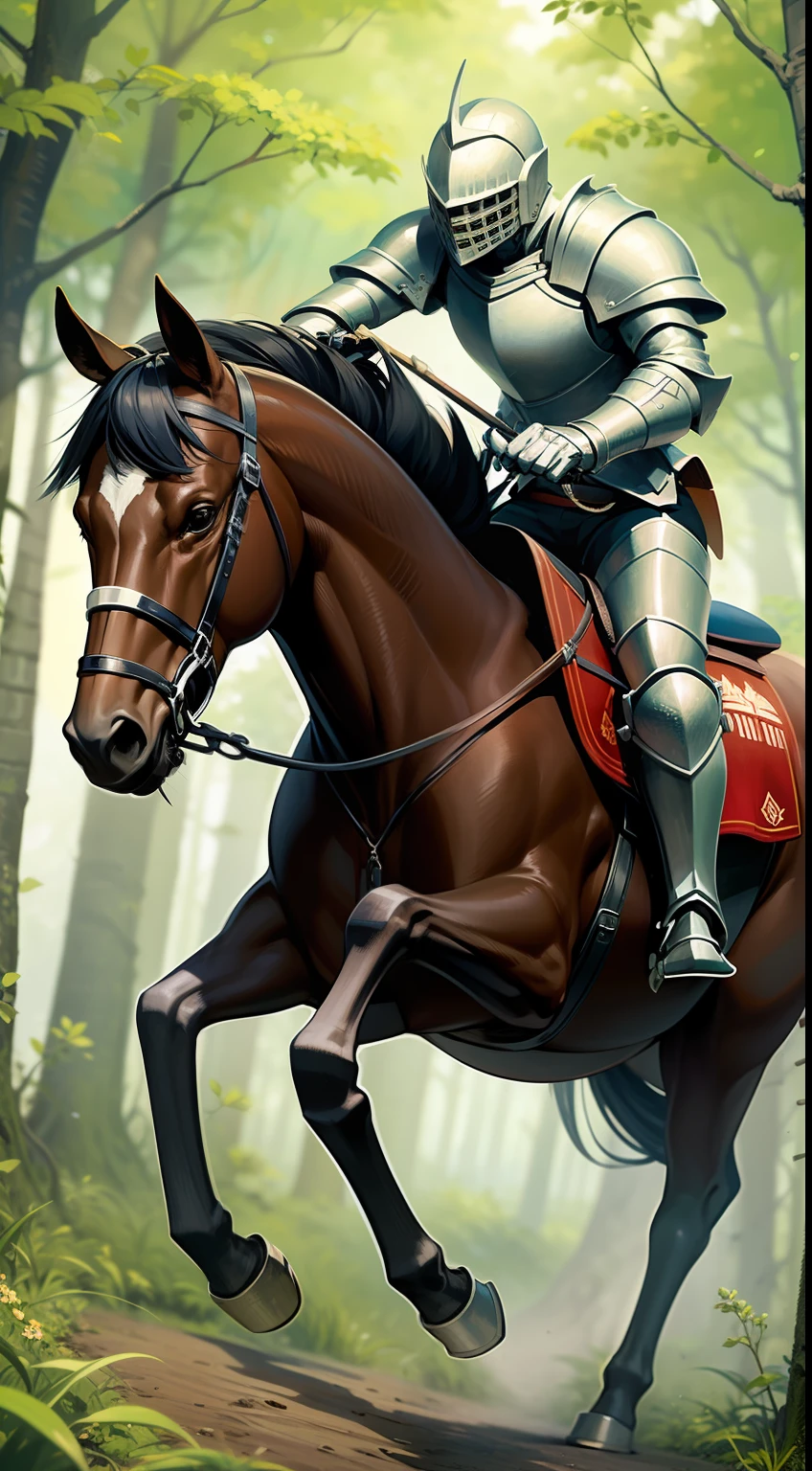 A valiant knight galloping through a lush forest atop his trusty brown steed.