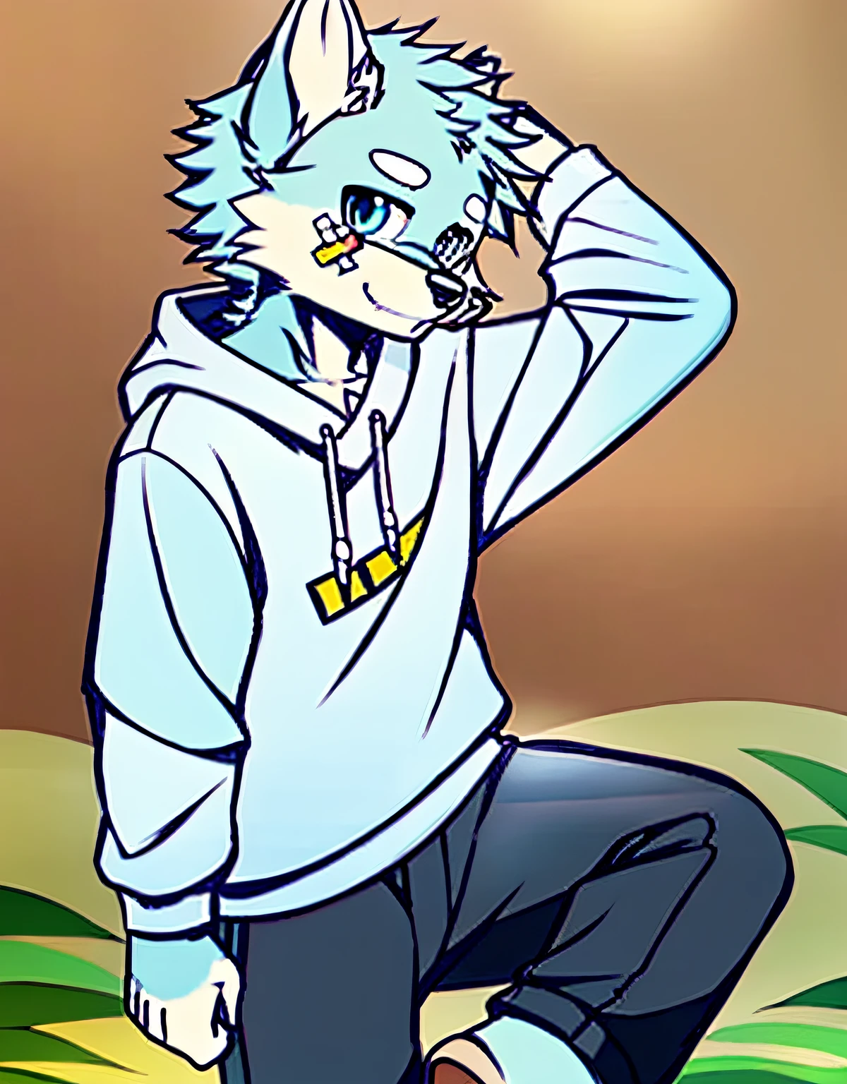 Dog, light blue fur, white sweatshirt, black pants, band-aid, kid, summer, pose, humanoid